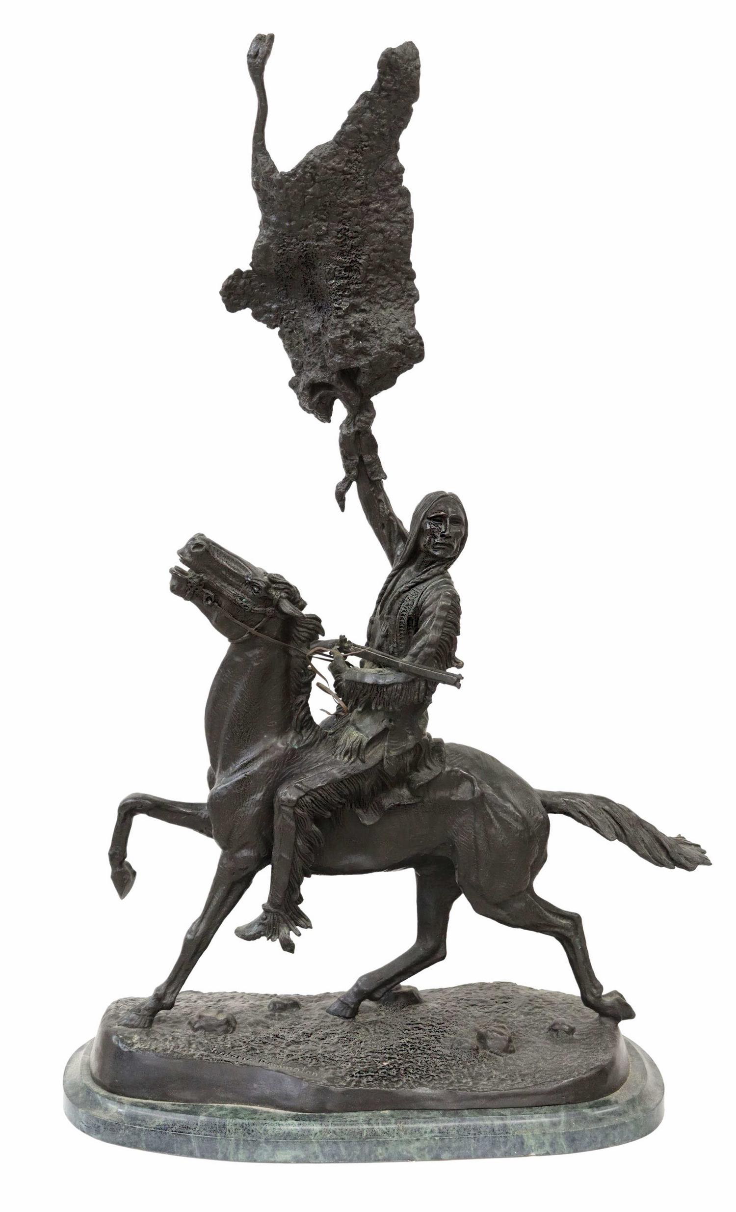 AFTER REMINGTON 'THE BUFFALO SIGNAL' BRONZE, 37"H: Western patinated bronze sculpture, "The Buffalo Signal," after the original Frederic Sackrider Remington (American, 1861-1909), on a green marble base, overall: approx 37"h, 23.5"w, 11"d, 80lbs Start