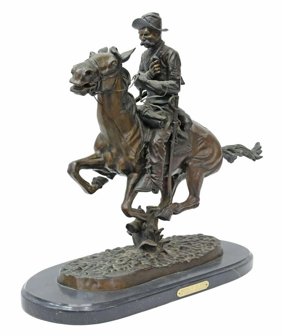 AFTER REMINGTON BRONZE 'TROOPER OF THE PLAINS': Western patinated bronze sculpture, "Trooper of the Plains," after the original by Frederick Sackrider Remington (American, 1861-1909), rising on marble base, with brass plaque to front, split to marb