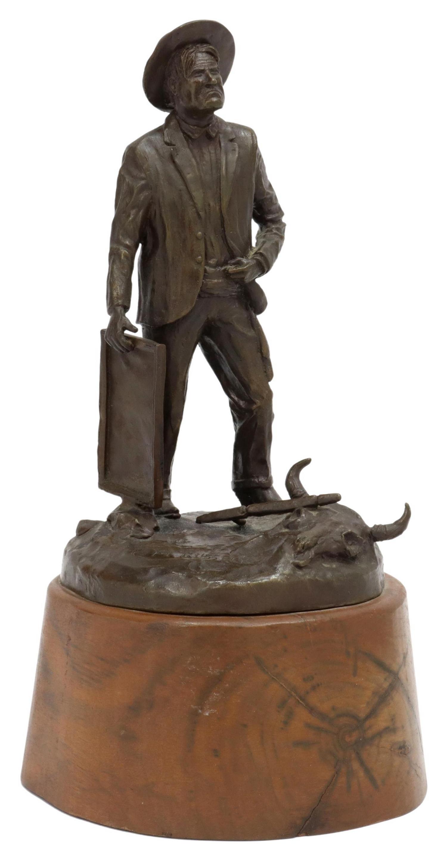 JOHN FREE (1929-2014) C.M. RUSSEL BRONZE SCULPTURE: Patinated bronze sculpture, "C.M. Russel" (Charles Marion Russell, American, 1864-1926), signed at base John D. Free (American, 1929-2014), dated 1964, #13, on wood plinth, overall: approx 11"h, 6"w, 