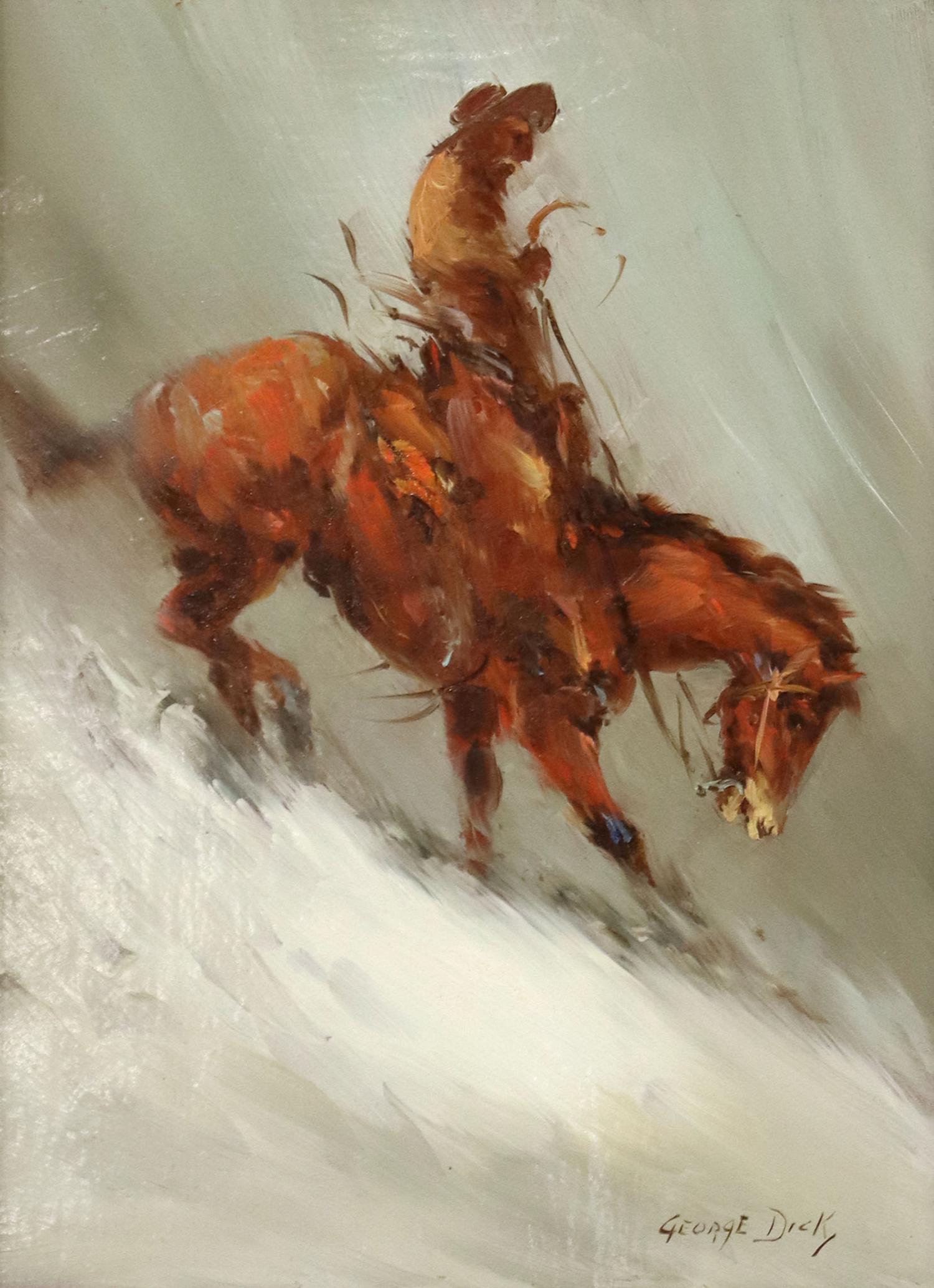 GEORGE DILL (D.1978) WESTERN PAINTING 'DOWN HILL': Framed oil on panel painting, "Down Hill," signed lower right George Dill (New Mexico, 1916-1978), signed again and titled at verso, sight: 11.5"h, 8.5"w, overall: 19"h, 16"w, 2.75lbs Start Price: $20