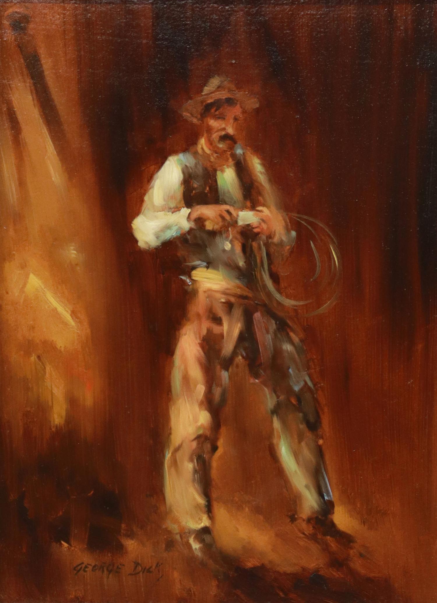GEORGE DILL (D.1978) WESTERN PAINTING 'ROLLIN ONE': Framed oil on panel painting, "Rollin' One," signed lower left George Dill (New Mexico, 1916-1978), signed again and titled at verso, sight: 11.25"h, 8.25"w, overall: 19"h, 15.75"w, 3lbs Start Price: 