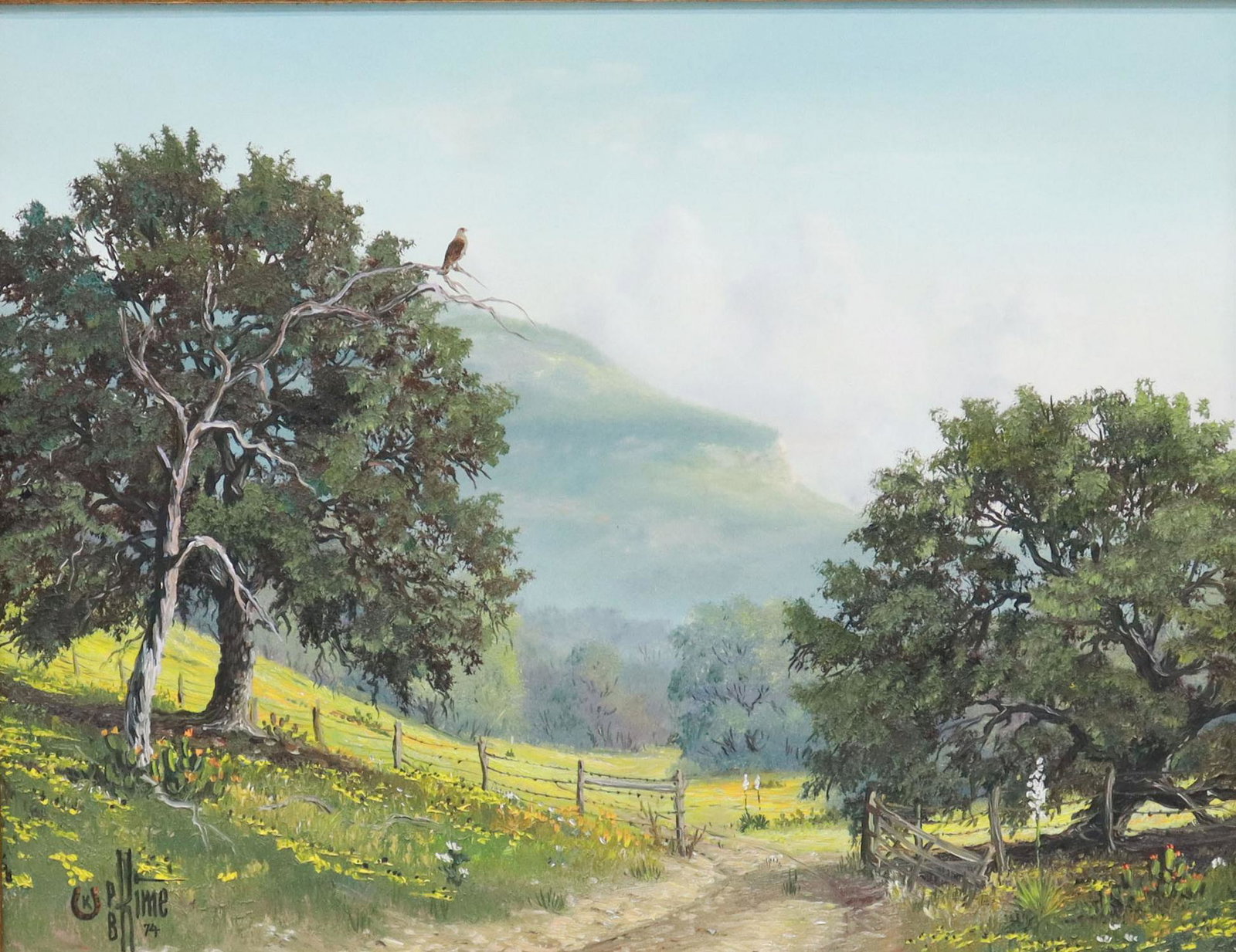 PAUL B. KIME (B.1962) PASTURE LANDSCAPE, 11" X 14": Framed oil on canvas painting, "Peaceful Day," signed lower left P.B. Kime (Paul B. Kime, Texas, b.1962), dated [19]74, titled verso, sight: 10.5"h, 13.5"w, overall: 17.5"h, 20.5"w, 4.75lbs Start Pric