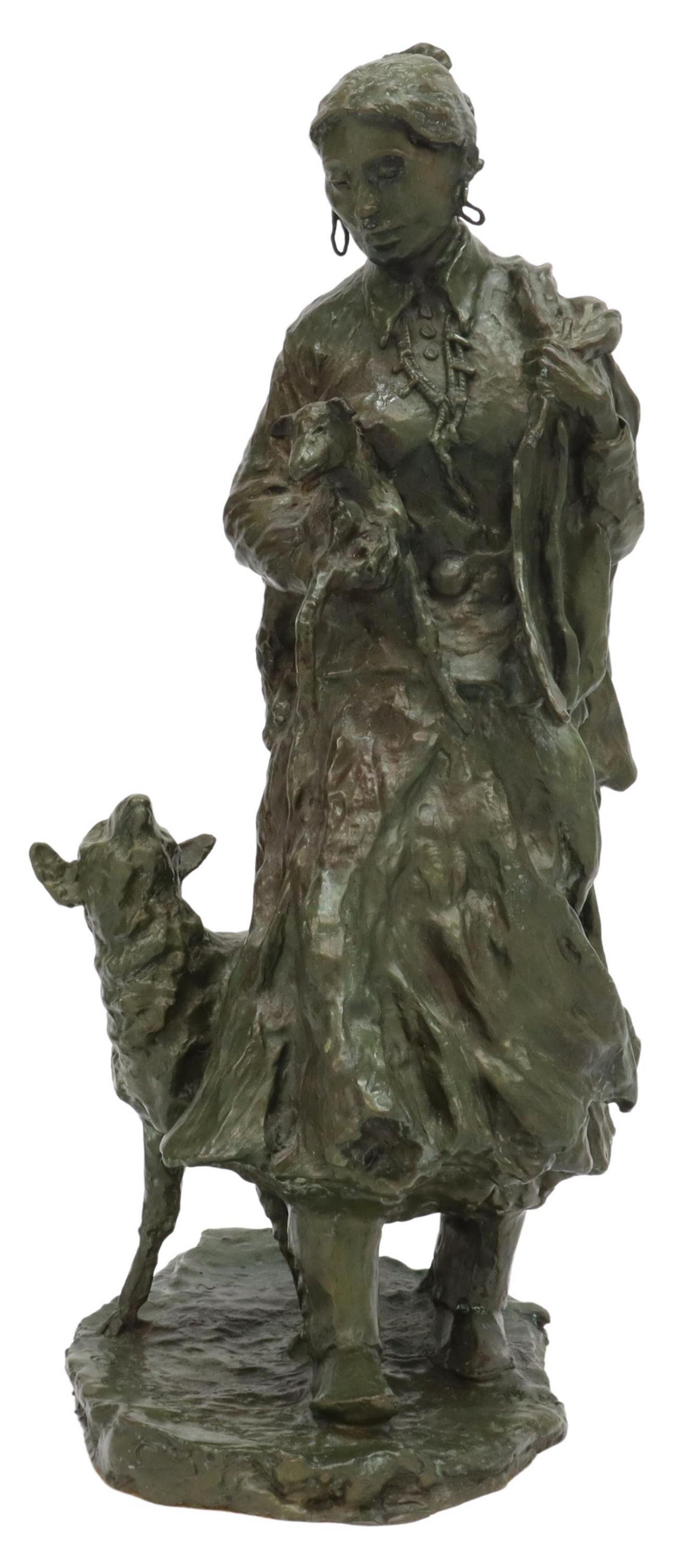 NANCY McLAUGHLIN (D.1985) NAVAJO SHEPHERD BRONZE: Western patinated bronze sculpture, The Shepherdess, signed McLaughlin (Nancy Powell McLaughlin, Montana, 1932-1985), dated 1979, numbered 11/ 24, staff detached but present, approx 17.75"h, 10.75"w, 