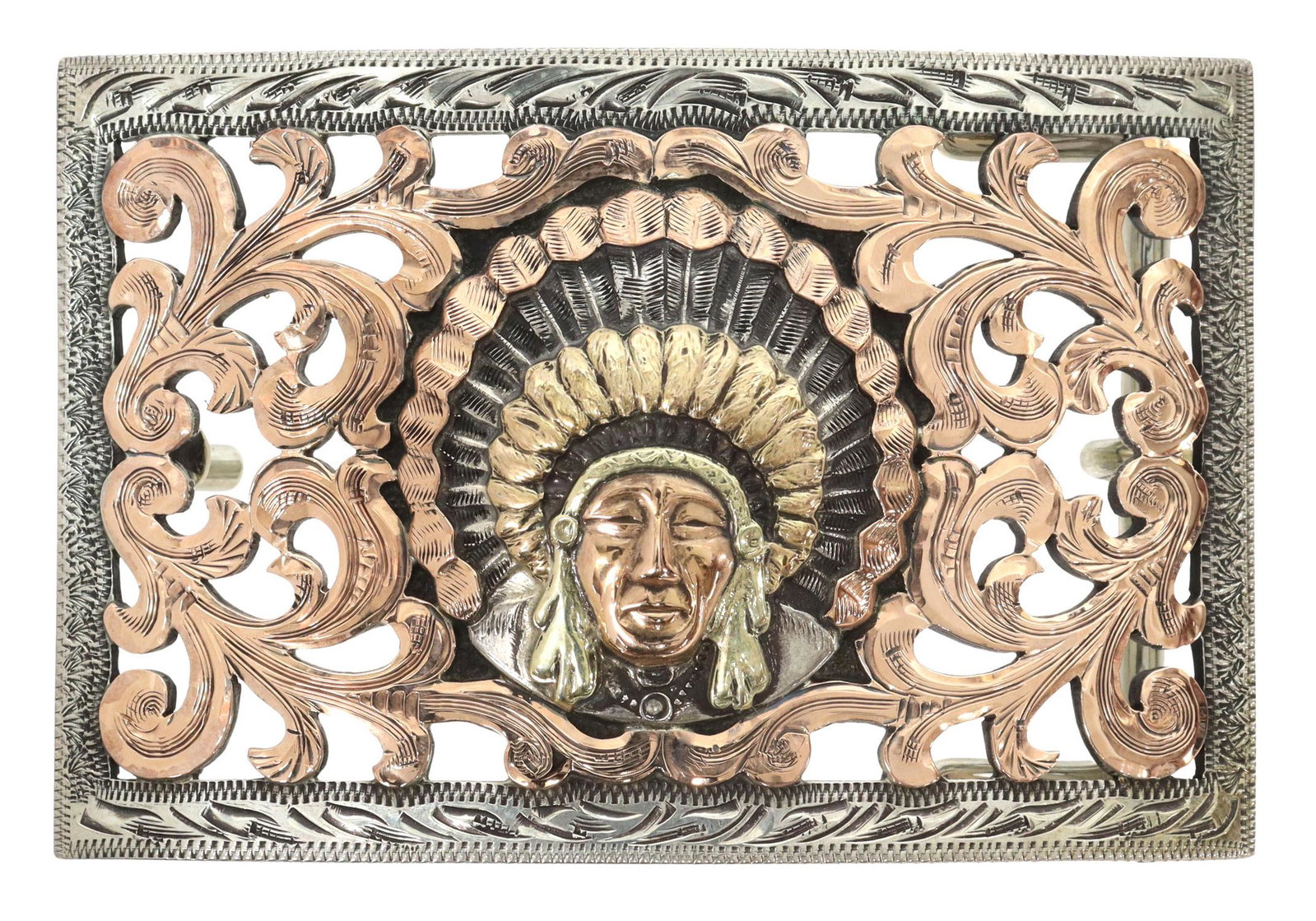 BOHLIN STERLING & 14KT INDIAN CHIEF TROPHY BUCKLE: Western sterling silver and 14kt gold overlay trophy belt buckle, Edward H. Bohlin, Hollywood, California, Indian Chief design, pierced rodeo style engraving, accommodates a 1.5" belt, buckle: approx 
