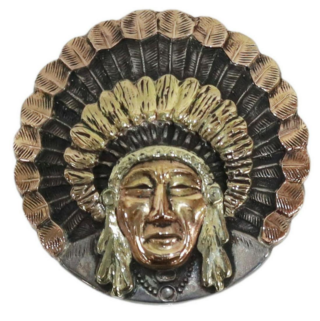 BOHLIN STERLING & 14KT INDIAN HEAD SCARF SLIDE: Western sterling silver and 14kt gold overlay scarf slide, Edward H. Bohlin, Hollywood, California, Indian Chief design overlaid in two-tone gold, band with rodeo style engraving, plaque: approx 1 3/8