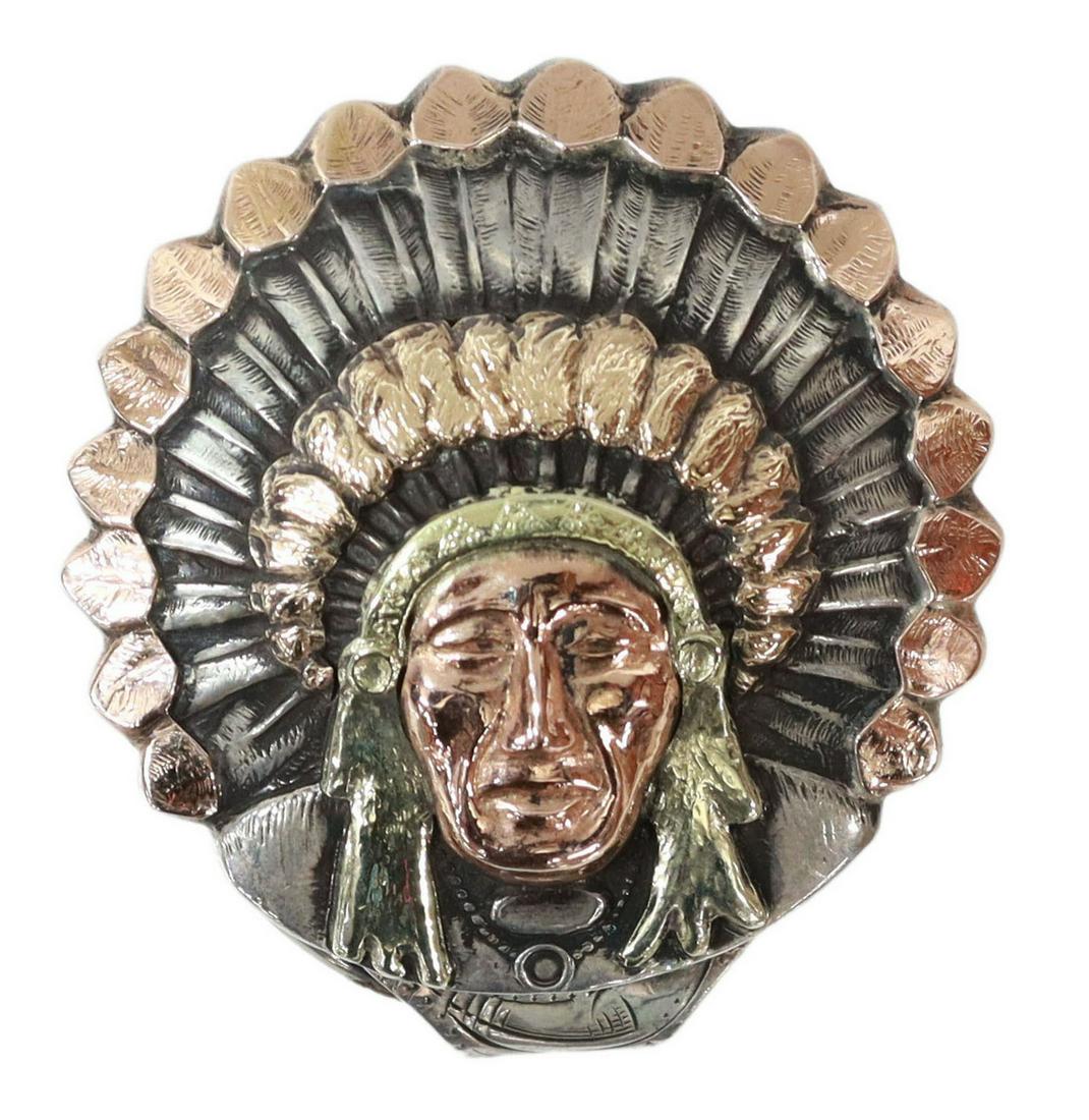 BOHLIN STERLING & 14KT GOLD INDIAN CHIEF KEY RING: Western sterling silver and 14kt gold overlay clip-on key ring, Edward H. Bohlin, Hollywood, California, Indian Chief design overlaid in two-tone gold, clip with rodeo style engraving, oxidized key ri