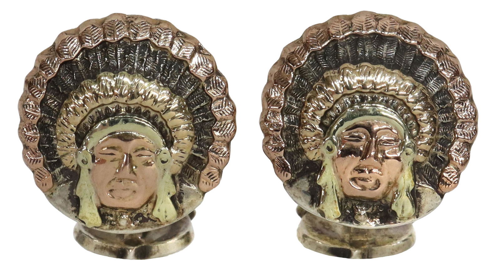 (2) BOHLIN STERLING & 14KT INDIAN HEAD CUFFLINKS: (pair) Western sterling silver and 14kt gold overlay cufflinks, Edward H. Bohlin, Hollywood, California, Indian Chief design overlaid with two-tone gold, plaque: approx 0.75"diam; 14.7 grams total (in