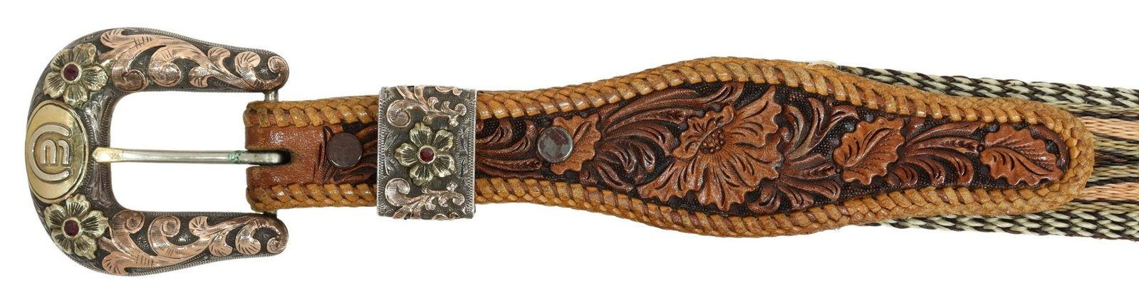AHMAD KHAN BUCKLE SET & TAD MIZWA HORSEHAIR BELT: Handmade western horsehair belt and gem-set ranger buckle set: (3pc) sterling,14kt gold and ruby buckle set, Ahmad Khan, Hollywood, California, retailed by Maidas, Houston, Texas, two-tone gold overla
