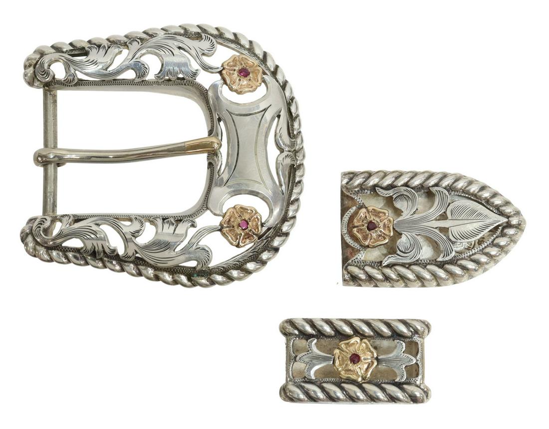 BOHLIN STERLING & 14KT GOLD RANGER BUCKLE SET: Western sterling silver and 14kt gold overlay 158 ranger belt buckle set, Edward H. Bohlin, Hollywood, California, including: (one) tip, (one) keeper, (one) buckle, vacant shield, pierced filigree des