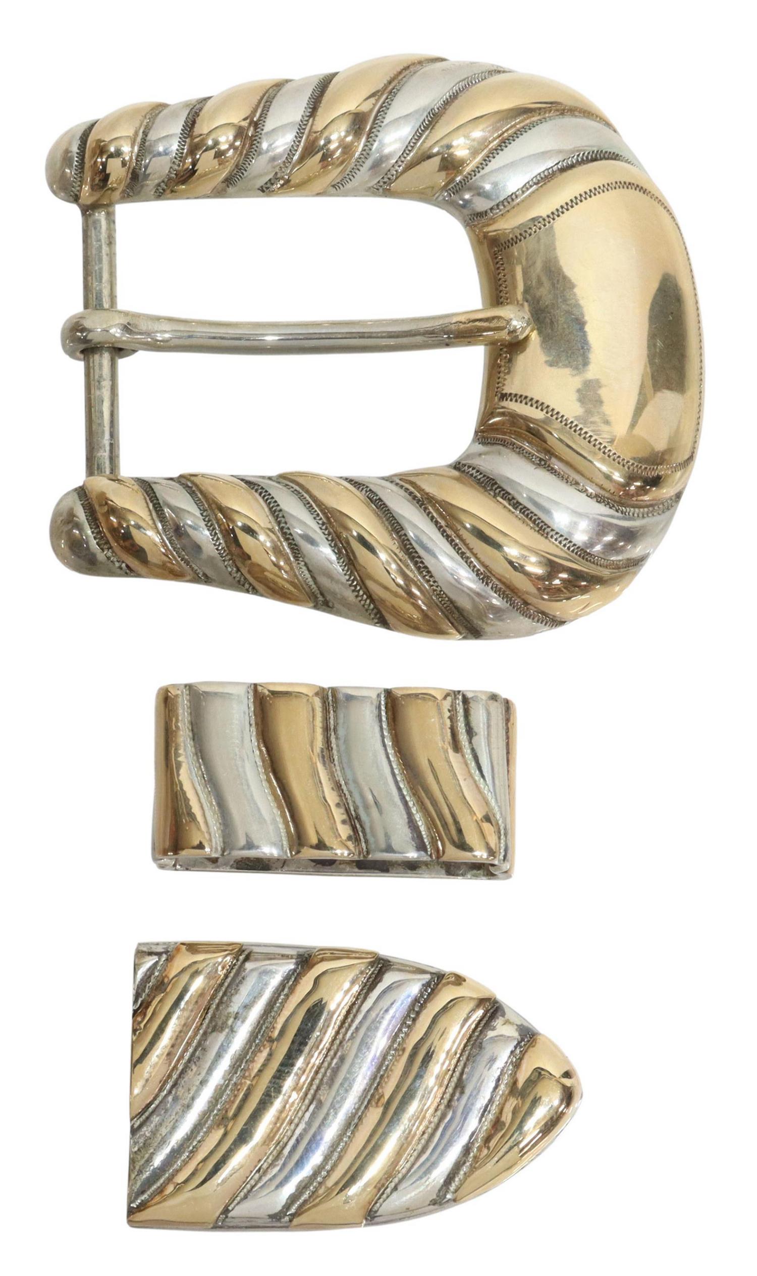 BOHLIN STERLING & 14KT GOLD CHEYENNE RANGER SET: Western sterling silver and 14kt gold Cheyenne series ranger belt buckle set, Edward H. Bohlin, Hollywood, California, including: (one) tip, (one) keeper, (one) buckle, vacant shield, alternating stri