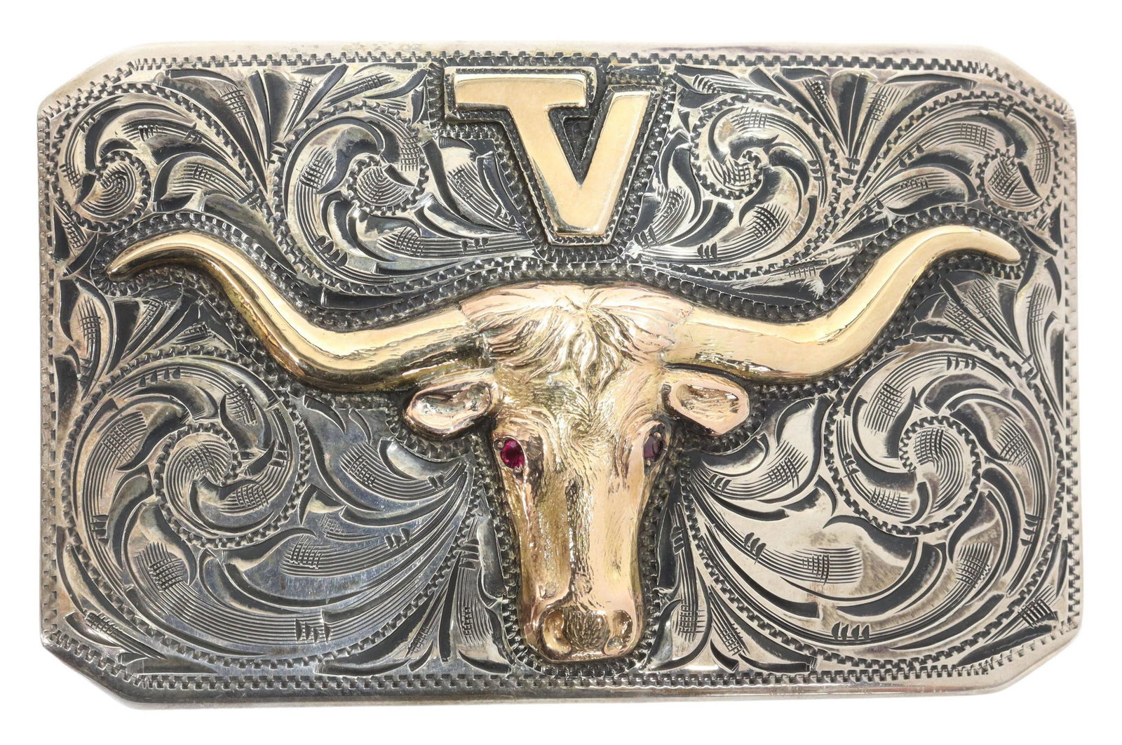BOHLIN STERLING & 14KT LONGHORN TROPHY BELT BUCKLE: Western sterling silver and 14kt gold overlay 466 trophy belt buckle, Edward H. Bohlin, Hollywood, California, monogrammed TV (Tejas Vaqueros), longhorn head overlaid in yellow gold, eyes set with sma