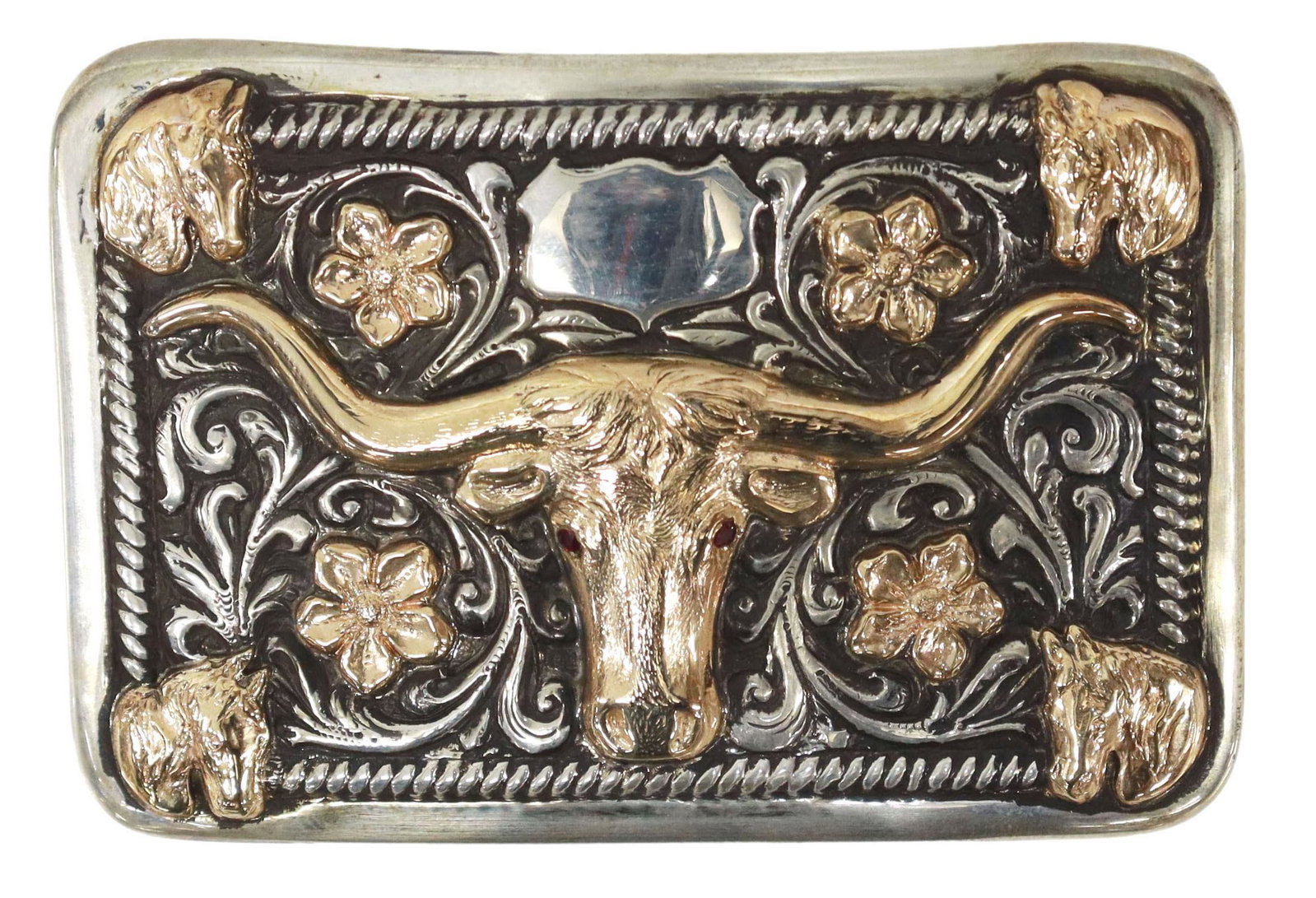 BOHLIN STERLING & 14KT LONGHORN TROPHY BELT BUCKLE: Western sterling silver and 14kt yellow gold overlay trophy belt buckle, Edward H. Bohlin, Hollywood, California, vacant shield, longhorn's eyes set with small rubies, framed by raised flowers, horse 