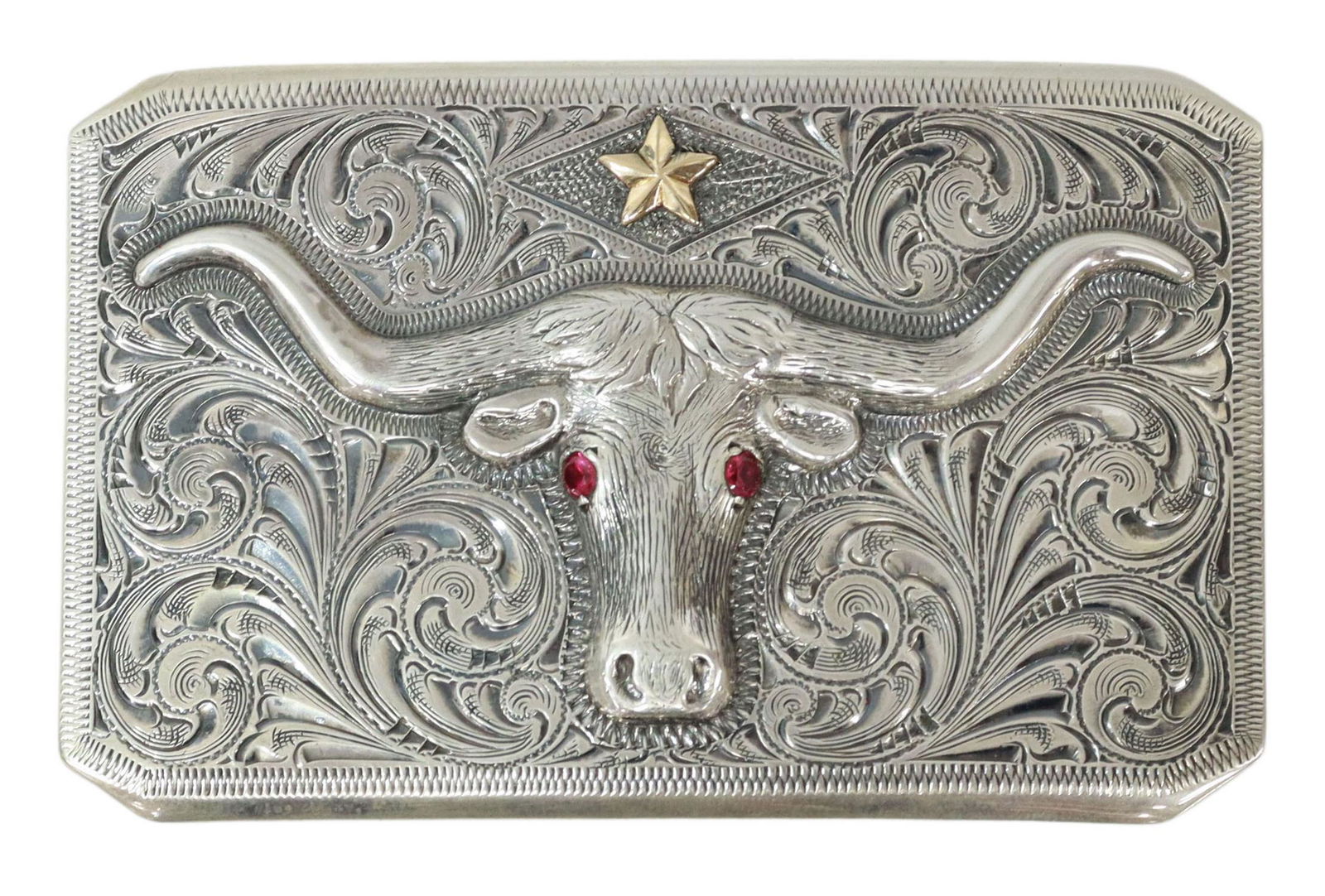 BOHLIN STERLING SILVER LONGHORN TROPHY BELT BUCKLE: Western sterling silver 466 trophy belt buckle, Ahmad N. Khan for Edward H. Bohlin, Hollywood, California, shield with five-pointed star, longhorn's eyes set with small rubies, rodeo style engraving,