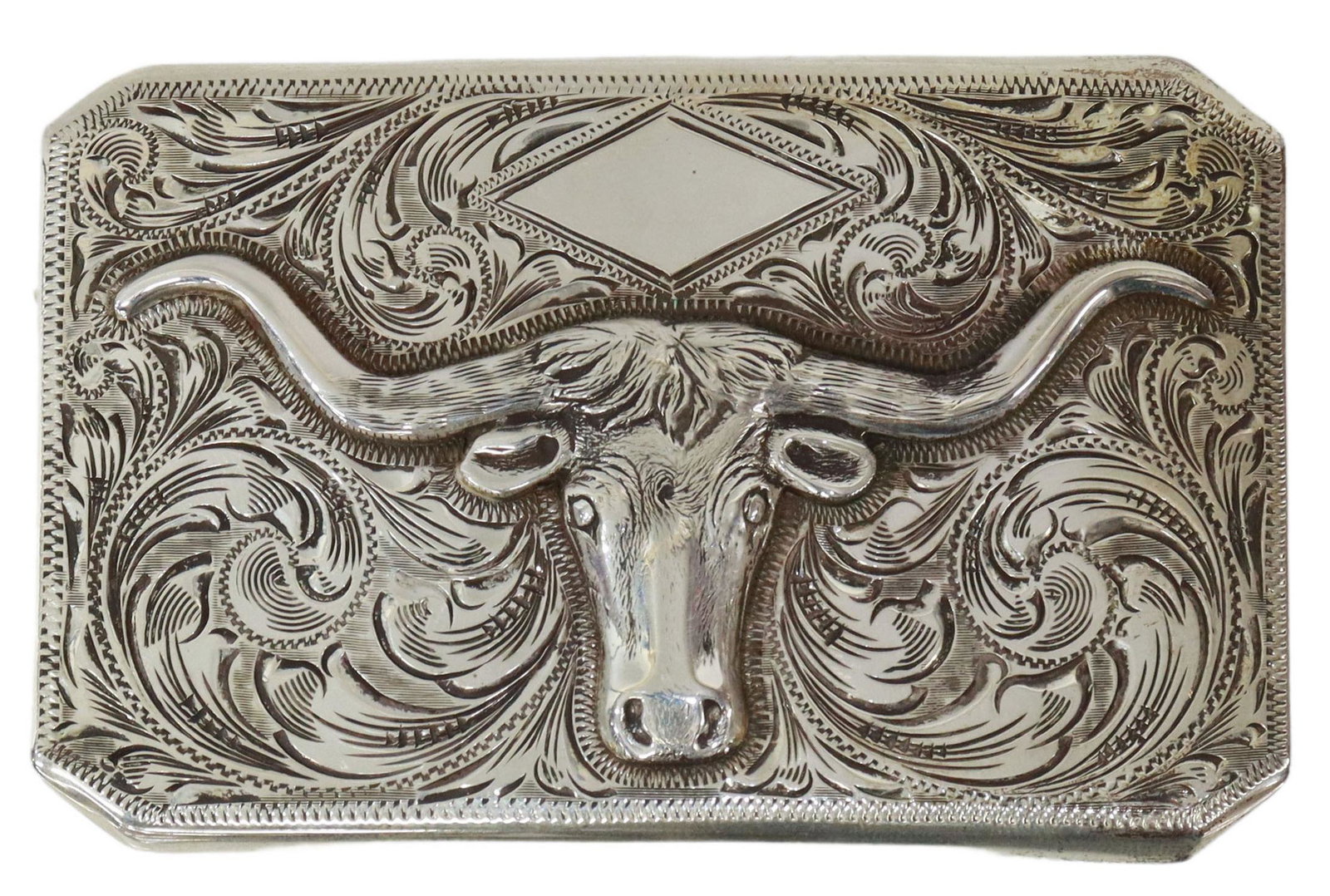 BOHLIN STERLING LONGHORN TROPHY BELT BUCKLE: Western sterling silver 466 trophy belt buckle, Edward H. Bohlin, Hollywood, California, vacant diamond shield, longhorn head, rodeo style engraving, accommodates a 1.5" belt, accompanied by branded d