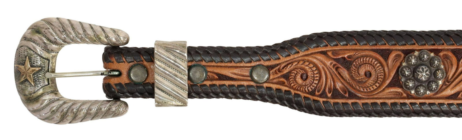 JM CHAL STERLING & 14KT BUCKLE SET & TOOLED BELT: Western tooled leather belt and ranger buckle set: (3pc) sterling and 14kt gold overlay buckle set, J.M. Chal, ribbed motif with gold overlaid star, buckle: approx 2 3/8"l, 2"w ; on (1) tooled leather