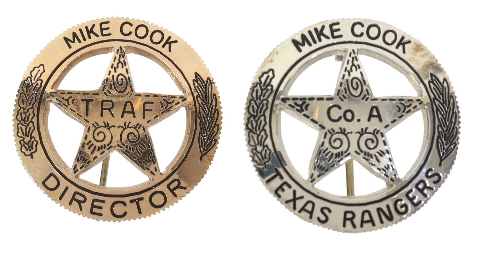 (2) RICK LOPEZ STERLING & 14KT TEXAS RANGER PINS: (lot of 2) Western badges/ pins, Rick Lopez, circular plaque with five-pointed star, approx 1"diam, including: (1) sterling silver, engraved "Mike Cook, Co. A, Texas Rangers," 7.8 grams, (1) 14kt gold