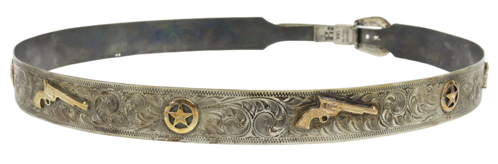 J.M. CHAL STERLING & 14KT GOLD COWBOY HATBAND: Western sterling silver and 14kt gold overlay cowboy hatband, J.M. Chal, engraved belt design, five-pointed stars and revolvers, buckle closure, approx 23.5" interior circumference, 89 grams (inclusiv
