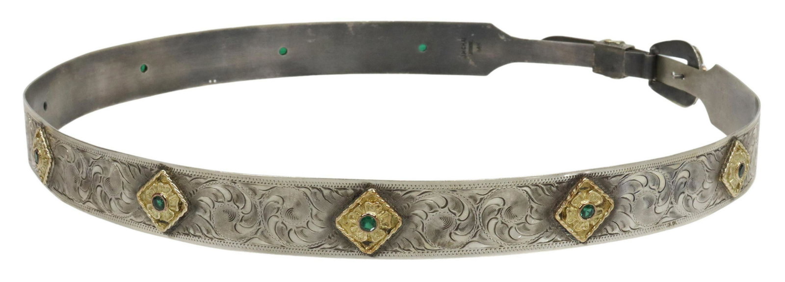J.M. CHAL STERLING & 14KT TEJAS VAQUEROS HATBAND: Western sterling silver and 14kt yellow gold overlay cowboy hatband, J.M. Chal, monogrammed TV (Tejas Vaqueros), engraved belt design, flower conchos set with green gemstones, buckle closure, approx 2