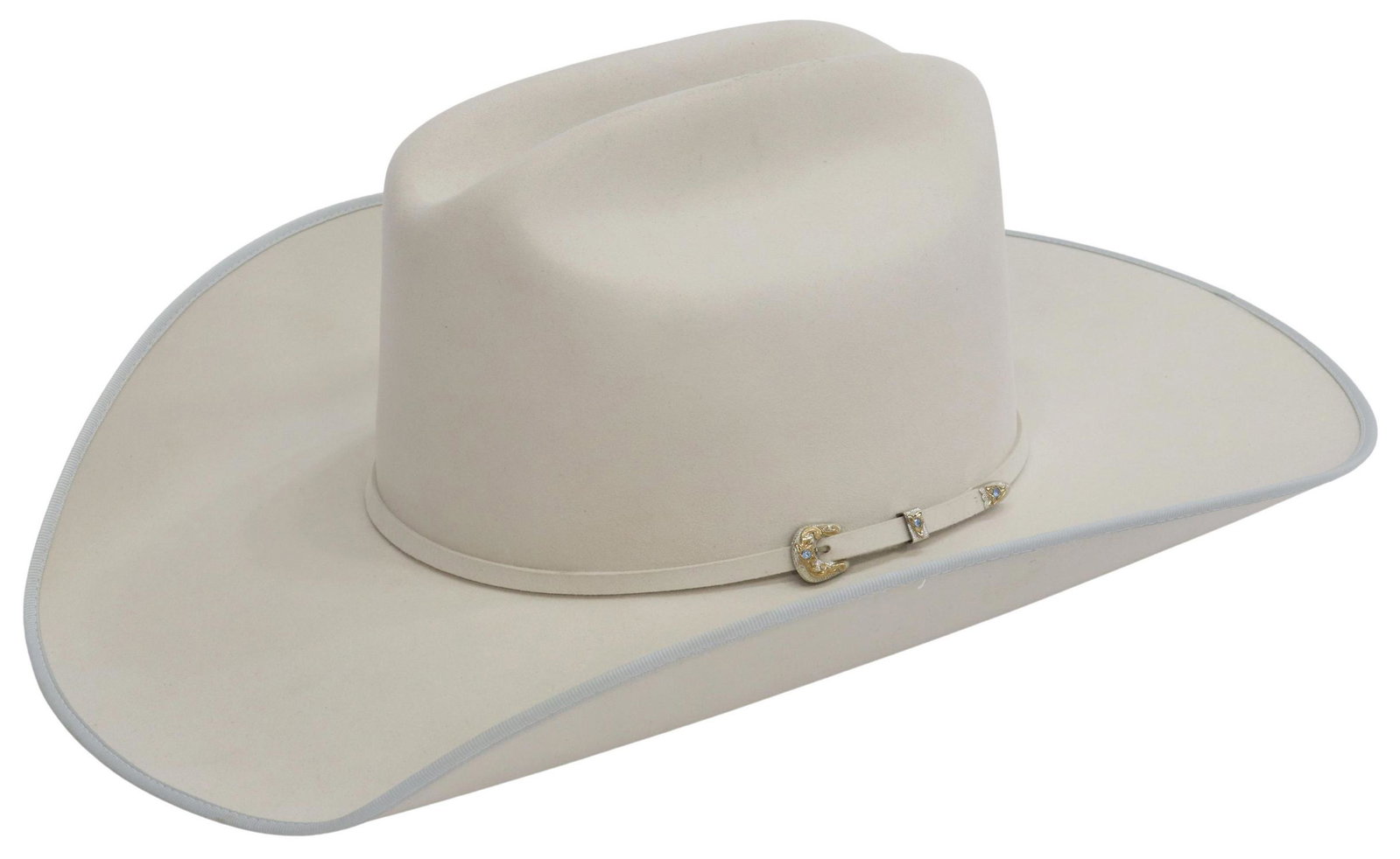 ATWOOD CUSTOM WHITE BEAVER FELT COWBOY HAT: Custom cowboy hat, Atwood Hat Company, retailed by Greeley Hat Works, Greeley, Colorado, white 100% pure beaver felt, felt hatband with three-piece buckle set, satin liner, leather sweatband embossed 