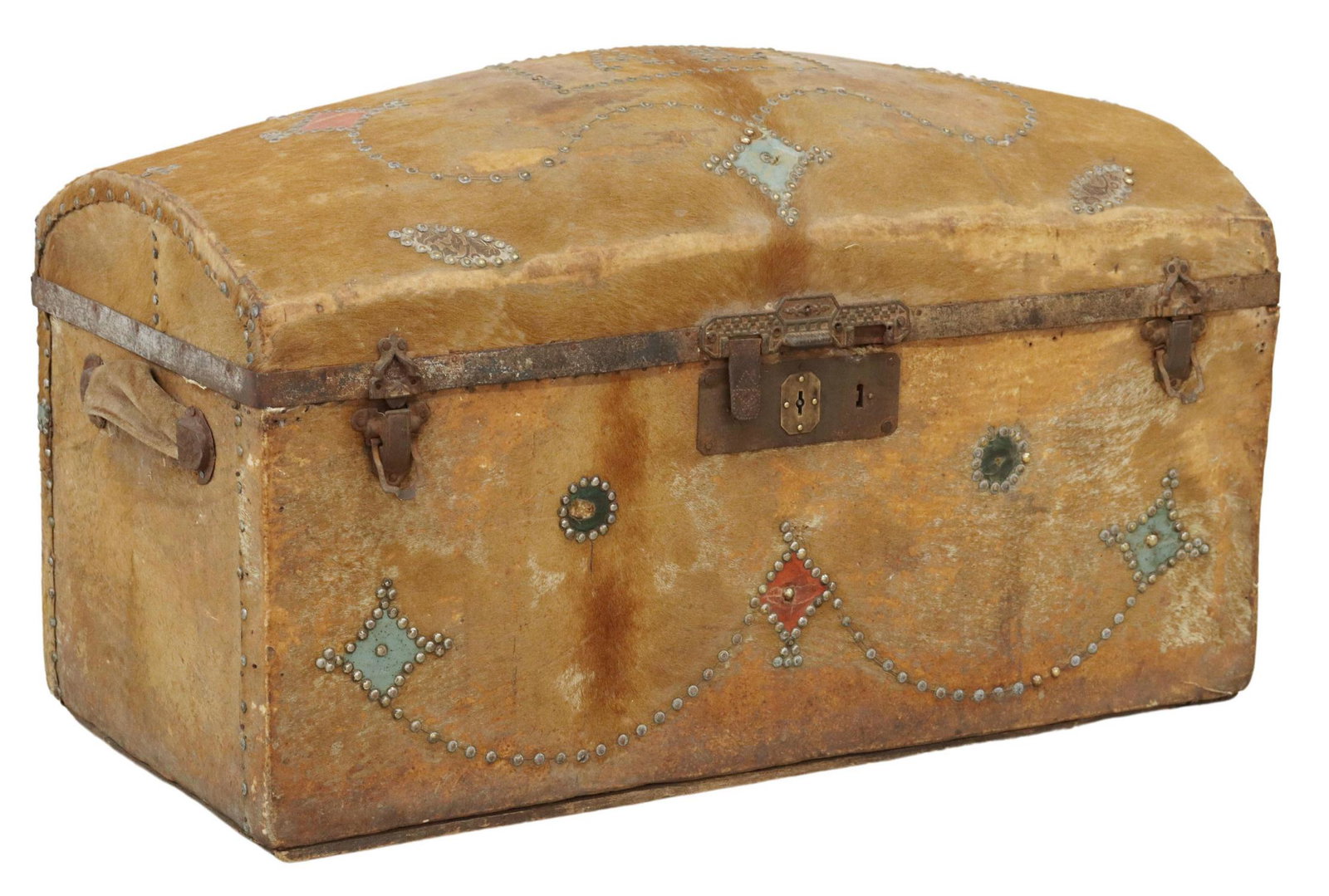 WESTERN STYLE COWHIDE STUDDED TRUNK, 19TH C.: American cowhide-clad travel trunk, 19th c., nailhead trim, with initials A.R. to top, iron hardware, hinged lid opening to interior storage, approx 21"h, 35.5"w, 17.75"d Start Price: $500.00