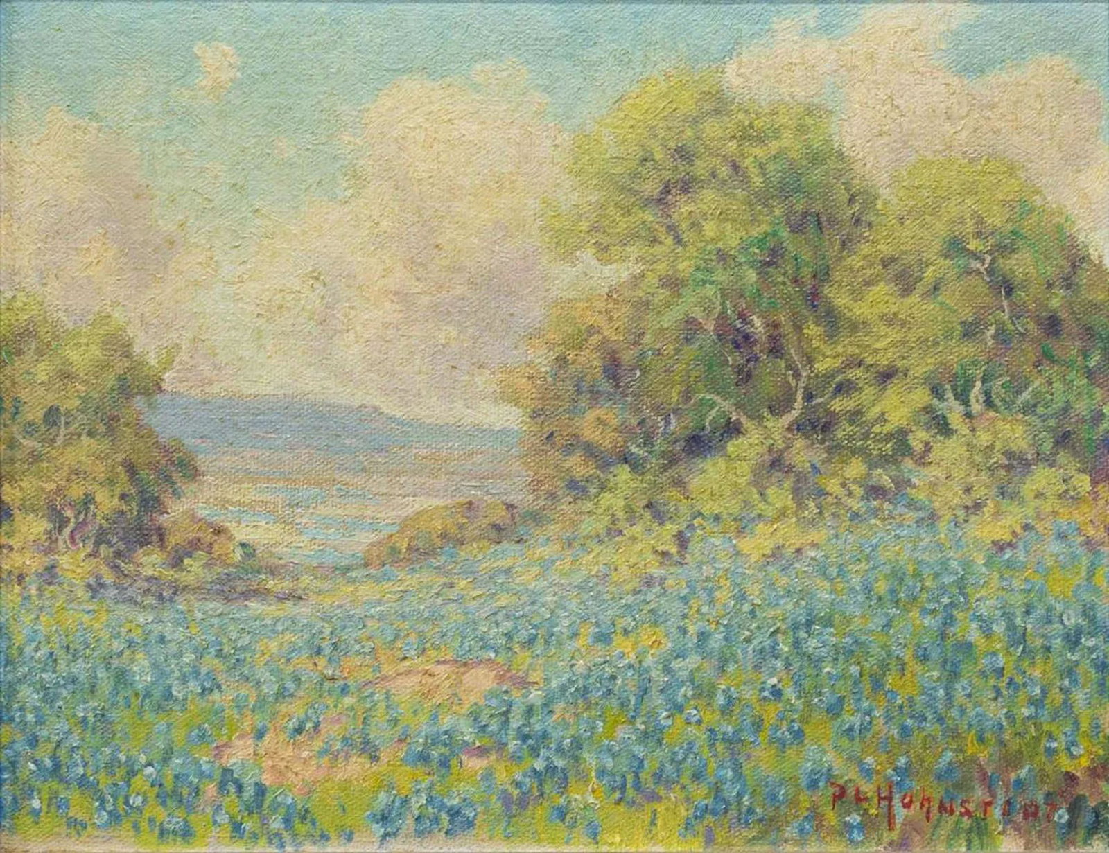 PETER HOHNSTEDT (D.1957) BLUEBONNET LANDSCAPE: Framed oil painting on board, Bluebonnet Landscape, signed lower right P.L. Hohnstedt (Peter Lanz Hohnstedt, Texas, Ohio, 1871/72-1957), verso with label of Fred Hummert Co., San Antonio, notation "va