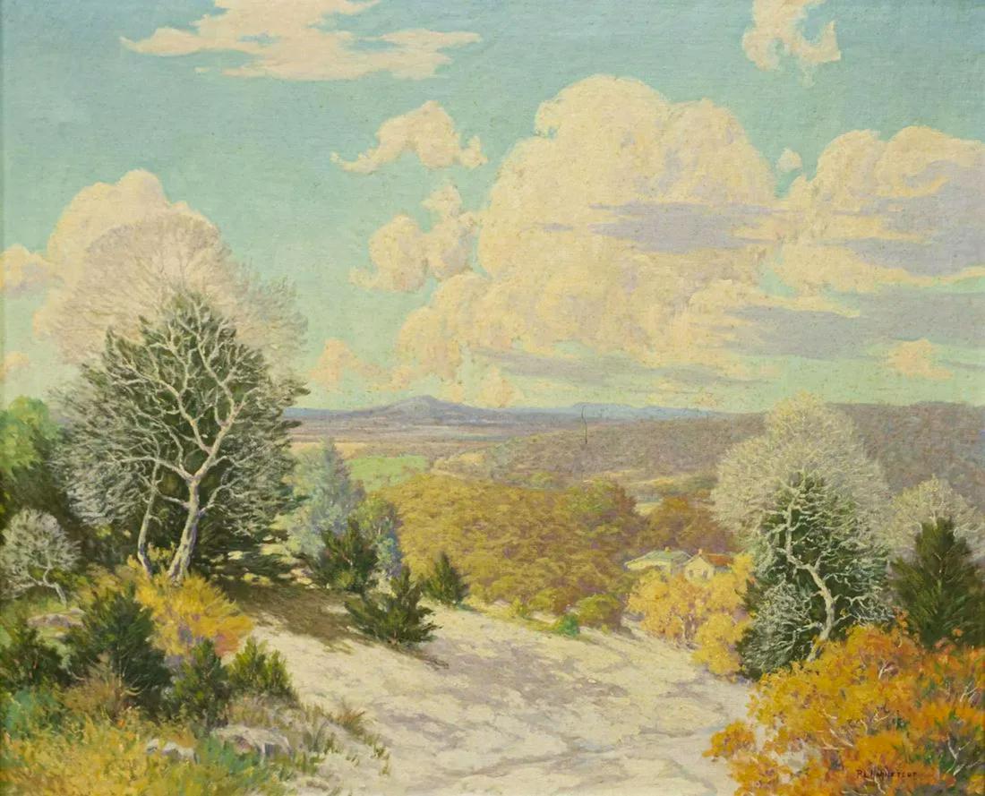 PETER HOHNSTEDT (D.1957) TEXAS HILL COUNTRY, 29x35: Framed oil painting on canvas, "Texas Hill Country," signed lower right P.L. Hohnstedt (Peter Lanz Hohnstedt, Texas, Ohio, 1871/72-1957), verso with label of Milam Galleries, San Antonio, notation "va