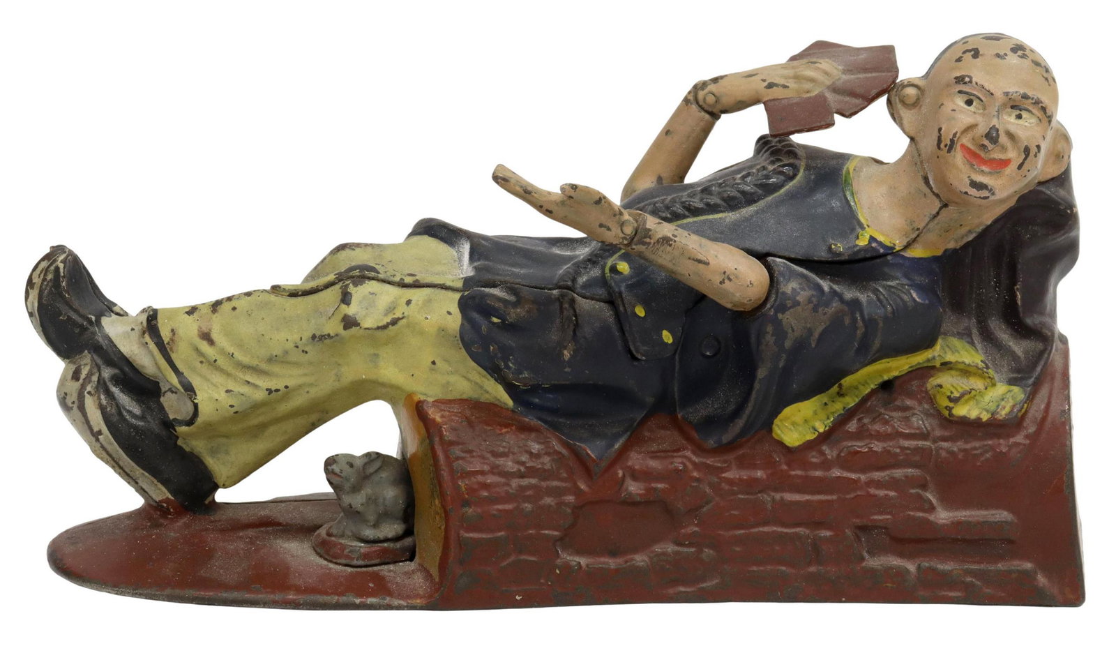 IRON BANK, RECLINING CHINAMAN, J.E. STEVENS, 1882: Cast iron bank, Reclining Chinaman Holding Playing Cards, mfg. by J.E. Sevens, two 1882 patent dates at underside, lever operated, coin placed in figures pocket drops into bank when four aces are show