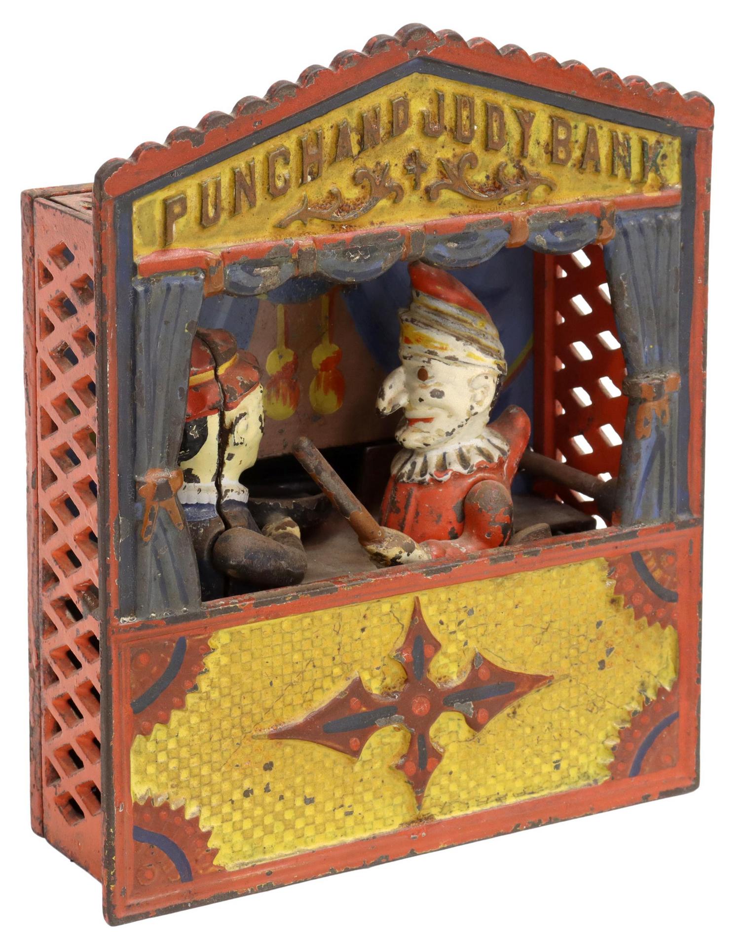 PUNCH & JUDY 1884 PAT. DATE IRON BANK, OPERATES: Vintage Punch and Judy mechanical iron bank with large letters at marquis, mfg. by Shepard Hardware, Buffalo, New York, the base with two July 1884 patent dates and English registration number, a pull