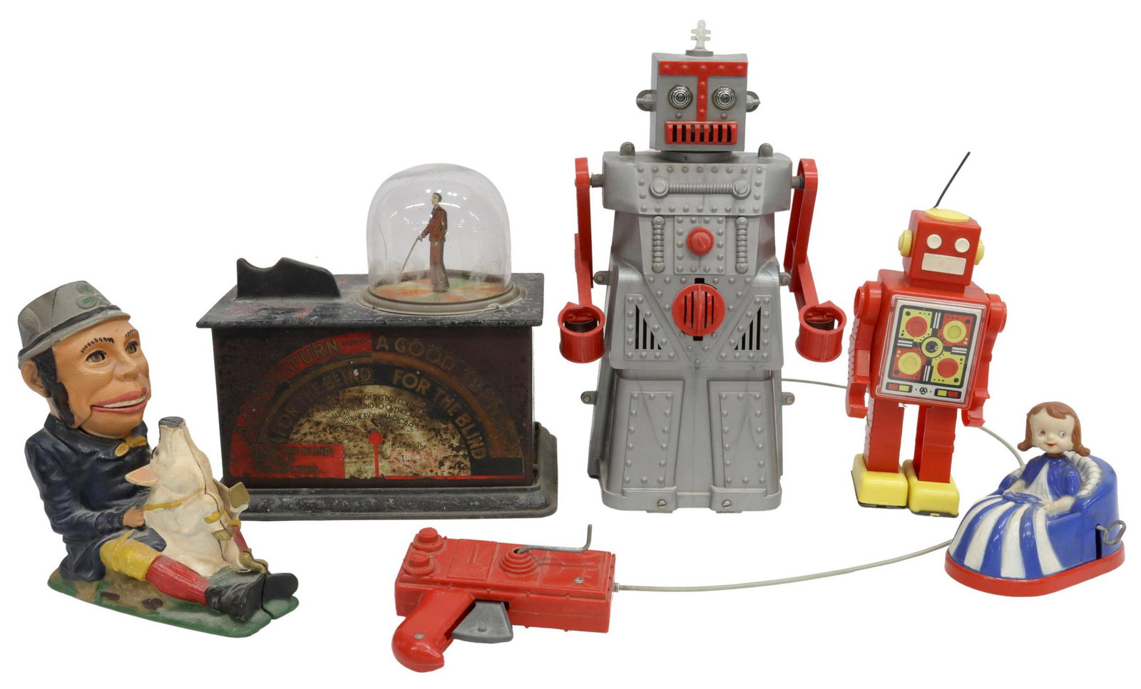 (5) TOYS, PARTS, IRON BANK, ROBOTS, BLIND FORTUNE: (lot of 5) Vintage toys, including: (1) "Help the Blind" man fortune telling machine, c.1920s, sponsored by the Nation Institute for the blind, coin slots for pennies and silver, the metal box with mo