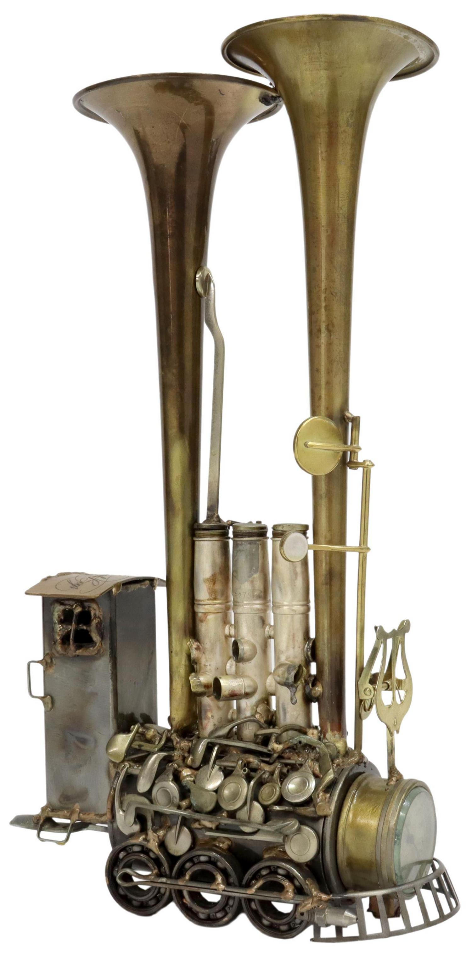SONNY DALTON (1933-2011) STEAMPUNK LOCOMOTIVE: Steampunk train locomotive sculpture, signed on an attached tag and an underside plate, Sonny Dalton (Merrill Sonny Dalton, Michigan, 1933-2011), the engine body made from trumpet and saxophone parts 