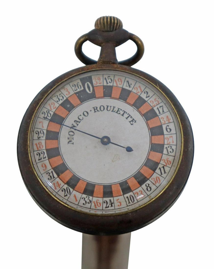 VINTAGE ROULETTE WALKING STICK: Roulette wheel walking cane marked Monaco Roulette, the pocket watch size handle with glass crystal displays a roulette face with black and red numbers, to operate pull stem out and turn clockwise, ta