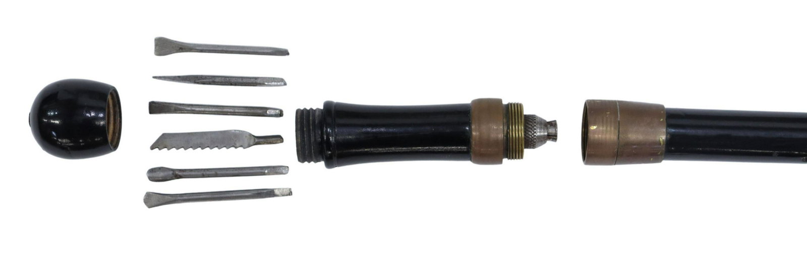 ANTIQUE WALKING STICK, STEEL TOOLS & BIT DRIVER: Walking stick with tools, believed to be 19th/ 20th c., the handhold upper black knob screws off revealing a recess with six steel tools including a saw, chisels, screw drivers and pick, the next sect