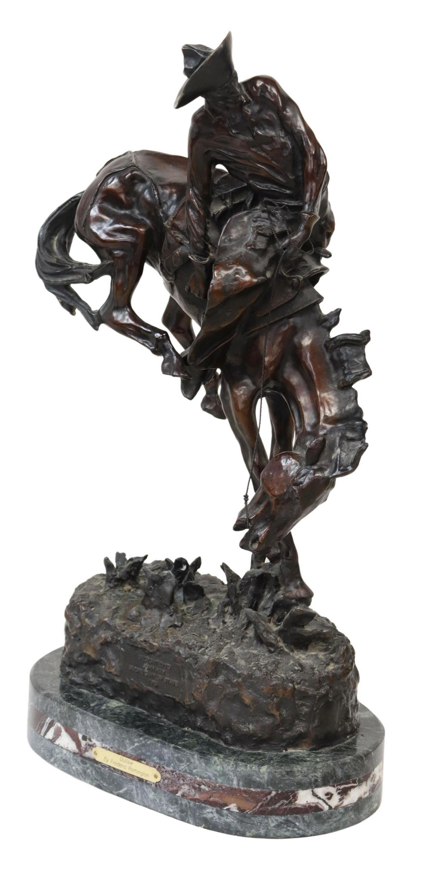 AFTER REMINGTON 'OUTLAW' BRONZE SCULPTURE, 26"H: Western patinated bronze sculpture, "The Outlaw," after the original by Frederick Sackrider Remington (American, 1861-1909), on a green and brown marble base, retaining brass title tag, signed in cast