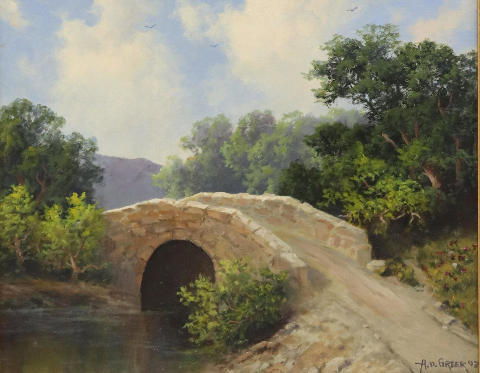 A.D. GREER (1904-1998) STONE BRIDGE, 16" X 20": Framed oil on canvas painting, Stone Bridge, signed lower right A.D. Greer (Aubrey Dale Greer, Oklahoma, Texas, 1904-1998), dated [19]93, sight: 15.25"h, 19.25"w, overall: 23.5"h, 27.5"w, 7.5lbs Start