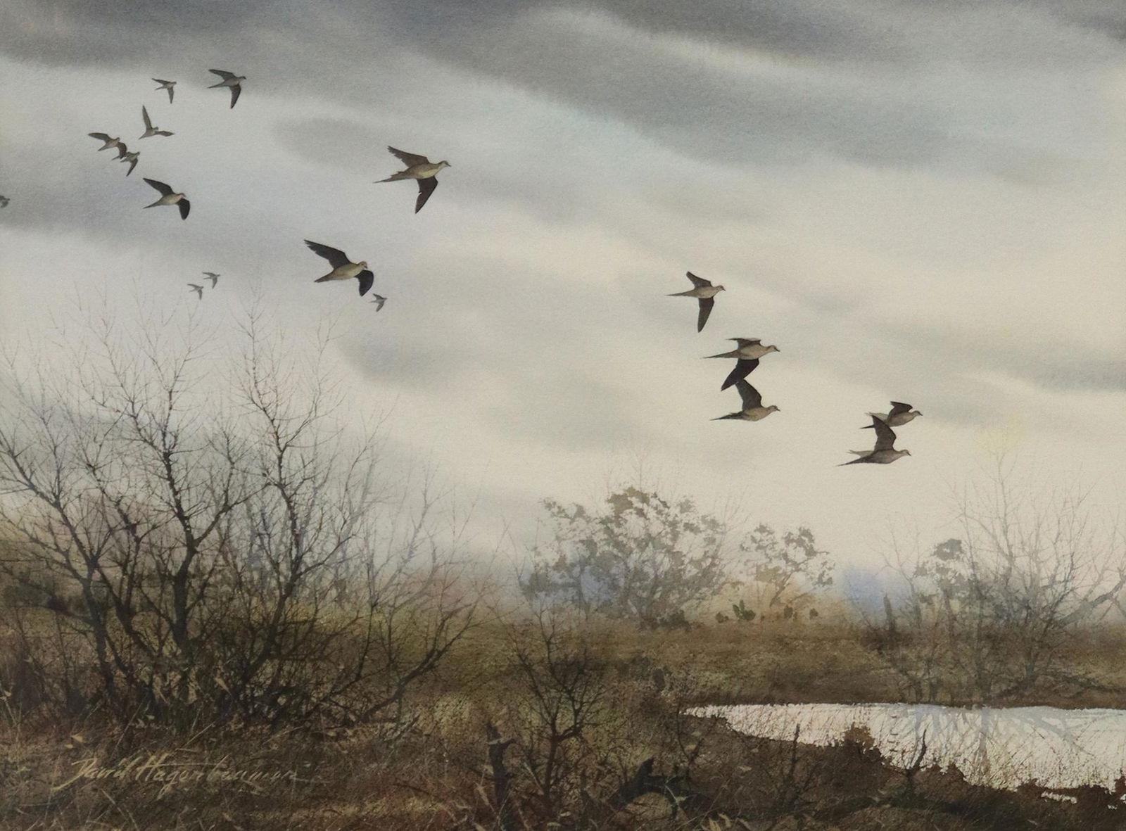 DAVID HAGERBAUMER (1921-2014) DOVES WATERCOLOR: Framed watercolor and gouache painting on paper, Mourning Doves in Flight, signed lower left David Hagerbaumer (California, Illinois, 1921-2014), sight: approx 16"h, 21.5"w, overall: 25.5"h, 31"w, 9.2