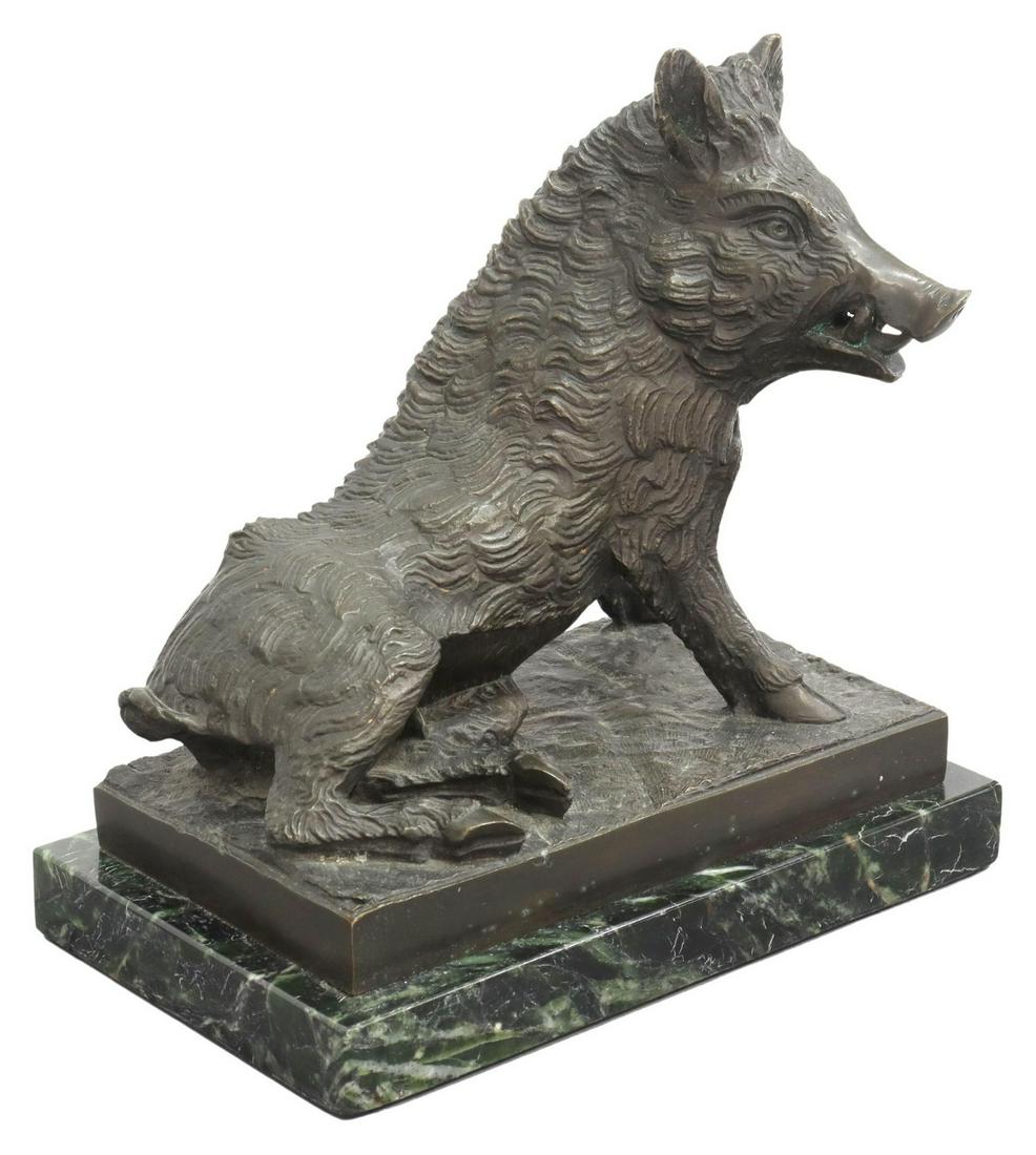 AFTER JOSEPH VICTOR CHEMIN (1825-1901) BRONZE BOAR: Patinated bronze sculpture, Il Porcellino, after the Roman original housed in the Uffizi Gallery, signed in cast V. Chemin (Joseph Francois Victor Chemin, French, 1825-1901), on a marble base, bronze: