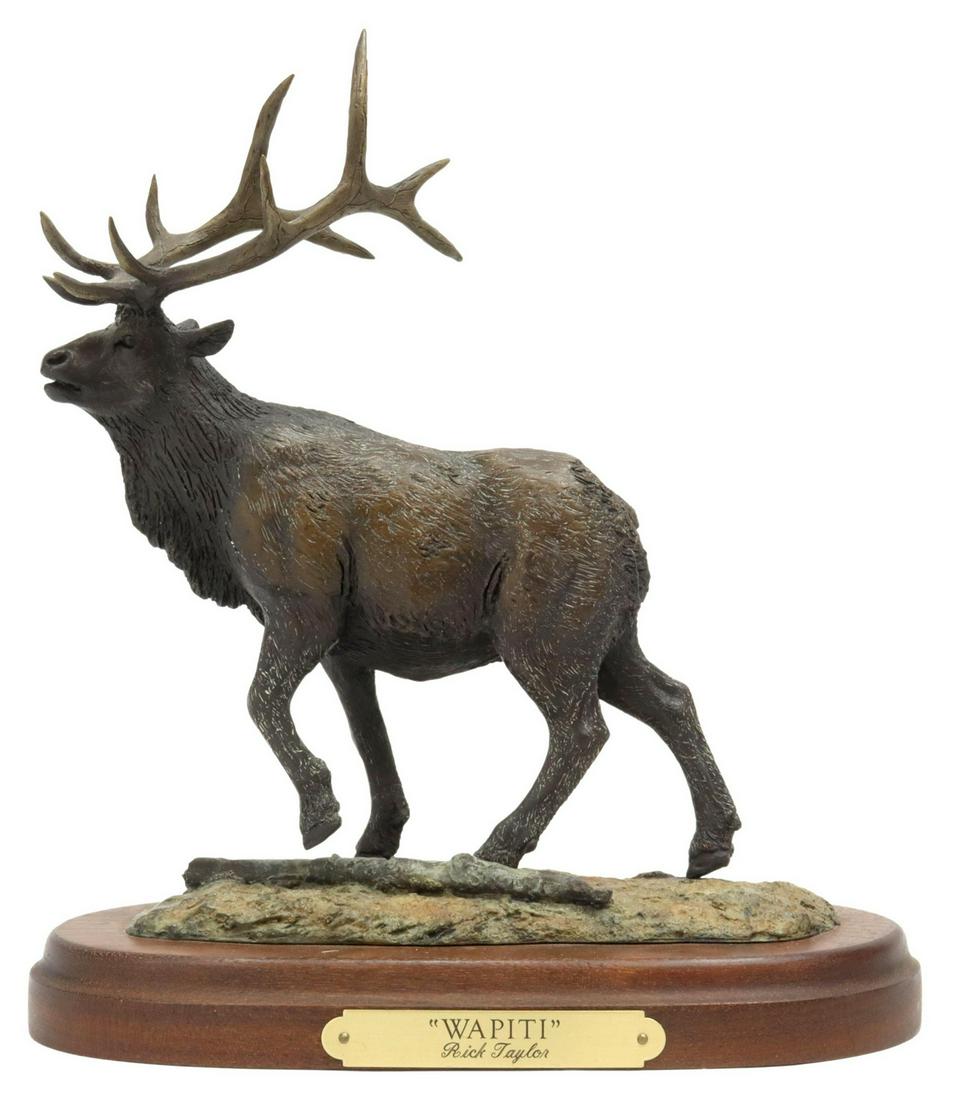 RICK TAYLOR (B.1950) WILDLIFE ELK BRONZE SCULPTURE: Patinated bronze wildlife sculpture, "Wapiti," signed at base Rick Taylor (American/ Canadian, b.1950), limited edition, numbered 65/ 250, dated 1992, on wood base, retaining title tag, approx 9.5"h, 