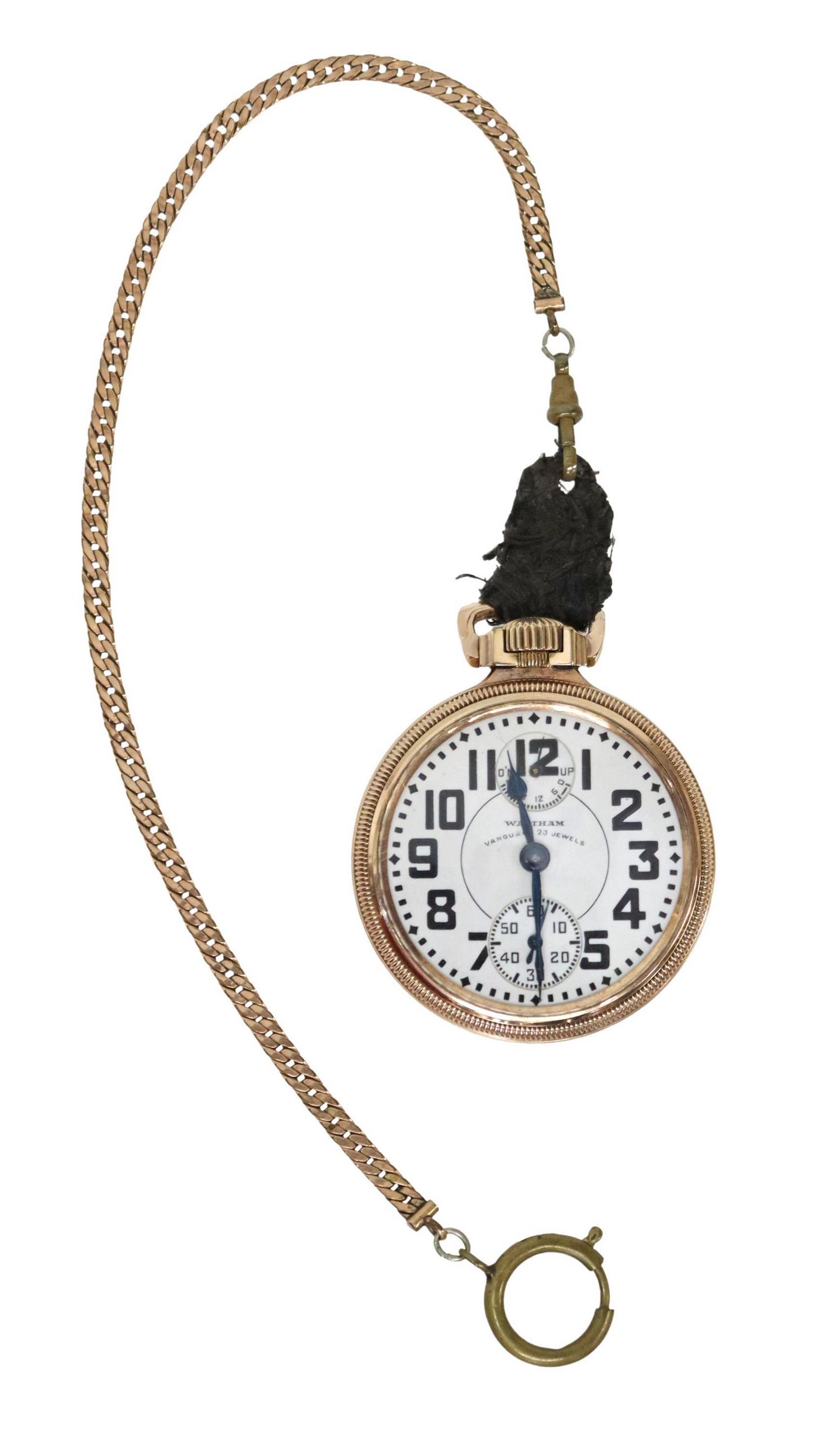 WALTHAM RAILROAD WIND IDICATOR 23J POCKET WATCH: Waltham Railroad pocket watch, mfg. 1931, open face Vanguard Model, 23 Jewels, adjusted 6 positions, Lossier Inner Terminal Inner Hair Spring, Keystone 10K gold fill case, second hand subdial, wind in