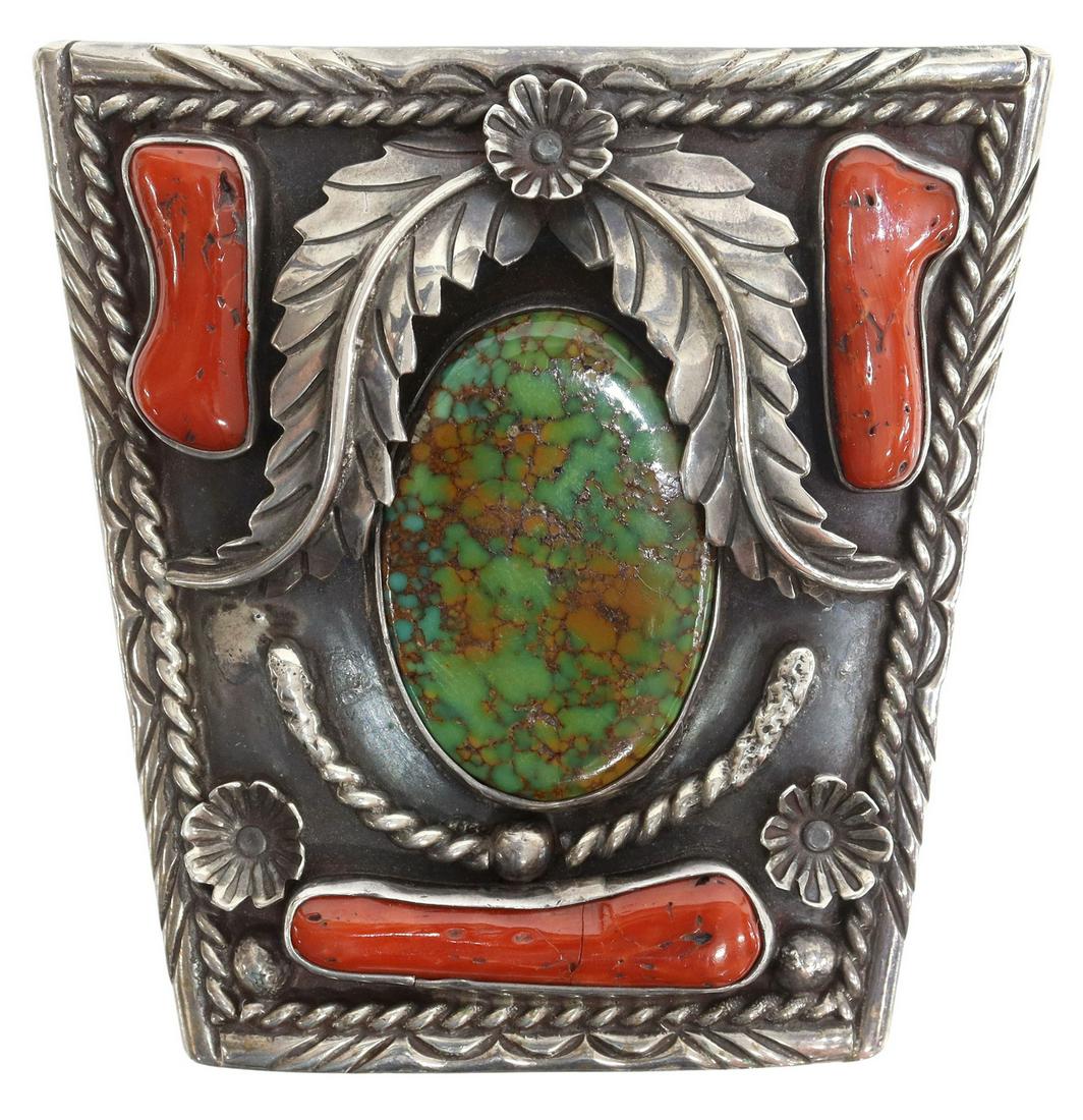 NATIVE AMERICAN TURQUOISE & CORAL BOLO ORNAMENT: Native American silver (content unknown) bolo ornament, likely Navajo/ Dine, central bezel-set turquoise plaque, framed by red coral, feather and flower design, twisted rope border, approx 2 5/8"h, 2 