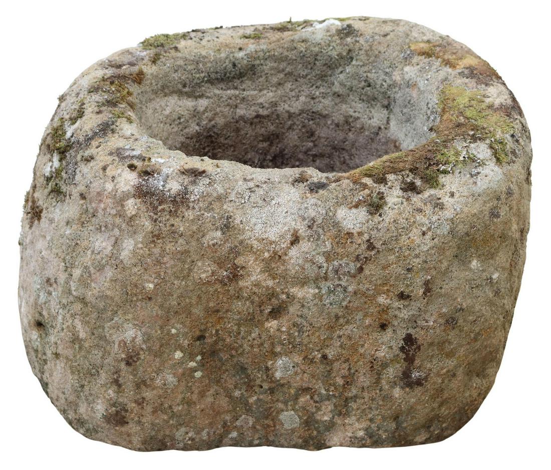 RUSTIC CYLINDRICAL-FORM STONE BASIN/ MORTAR: Rustic stone basin/ mortar, 18thc., irregular cylindrical form, approx 12.5"h, 17.5"diam **PLEASE NOTE: All of the cast stone and garden pieces in this auction have inherent flaws and evidence of outd