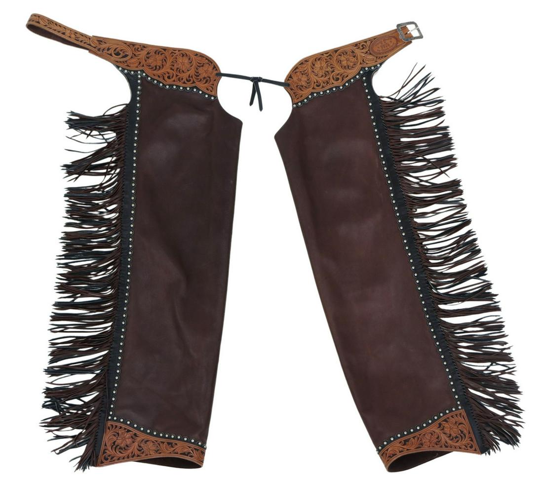 DAVE HACK CUSTOM TOOLED & SUPPLE LEATHER CHAPS: Custom made leather show chaps, Dave Hack, Idaho, floral and foliate tooled leather belt with engraved Edward H. Bohlin, Hollywood, California sterling silver buckle, fringed sides, supple leather leg