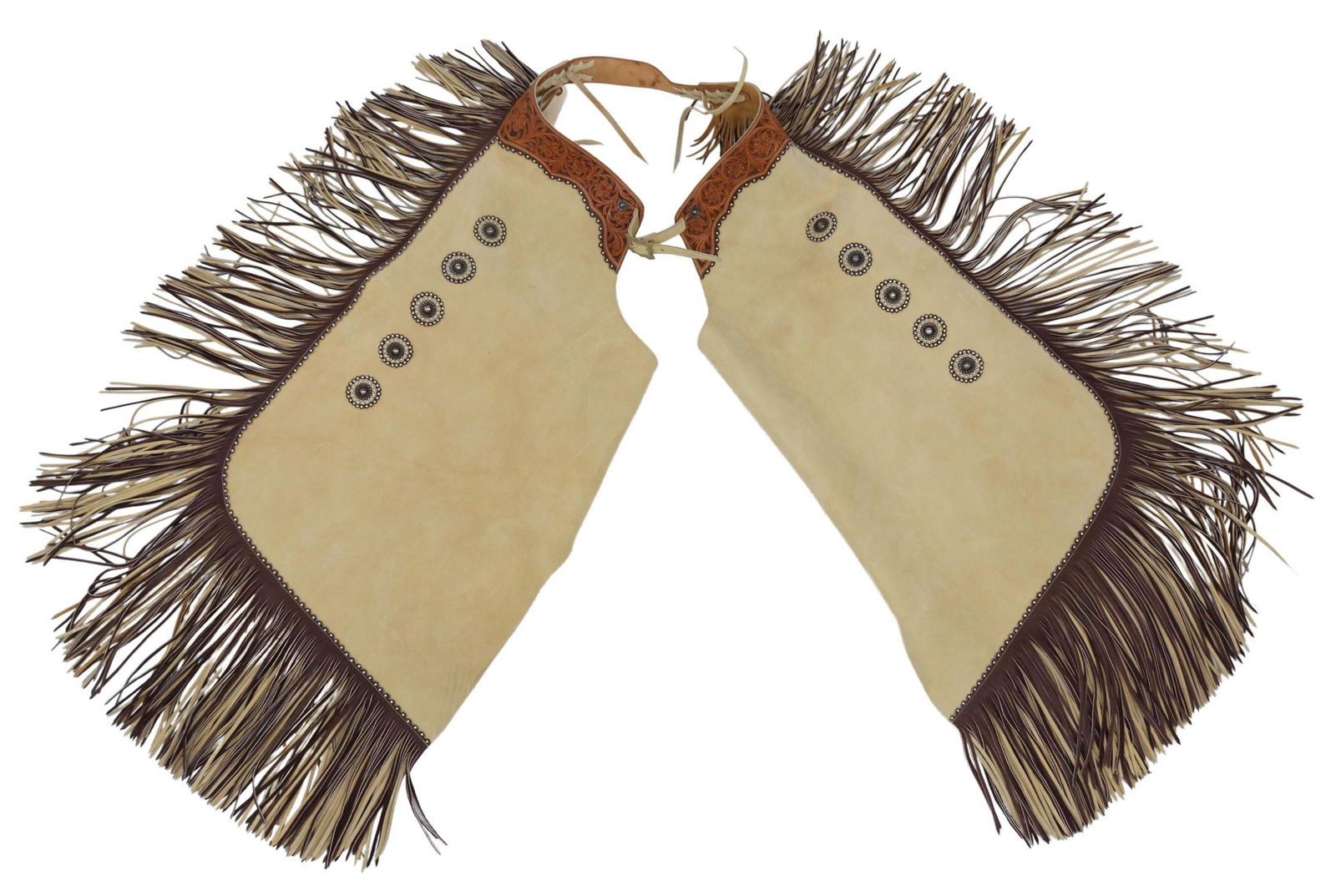 DAVE HACK CUSTOM TOOLED & FRINGED LEATHER CHAPS: Custom made leather show chaps, Dave Hack, Idaho, foliate tooled leather belt, with silver tone metal buckle, marked Mexico, light tan leather legs with fringed side and cuffs, studded conchos and tri