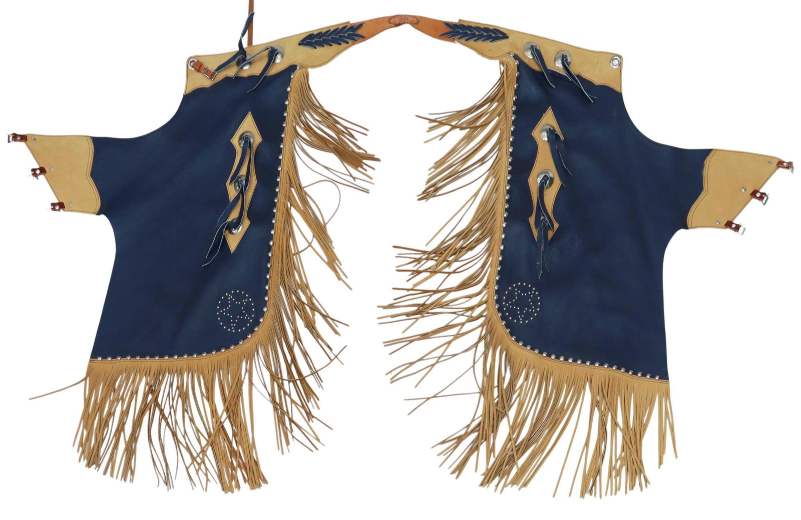 DAVE HACK CUSTOM LEATHER & STAR, CONCHO CHAPS: Custom made leather show chaps, Dave Hack, Idaho, two-tone tan and blue supple leather with silver tone conchos, stitched accents, legs with studded star and fringed cuffs, removable front adjustable 