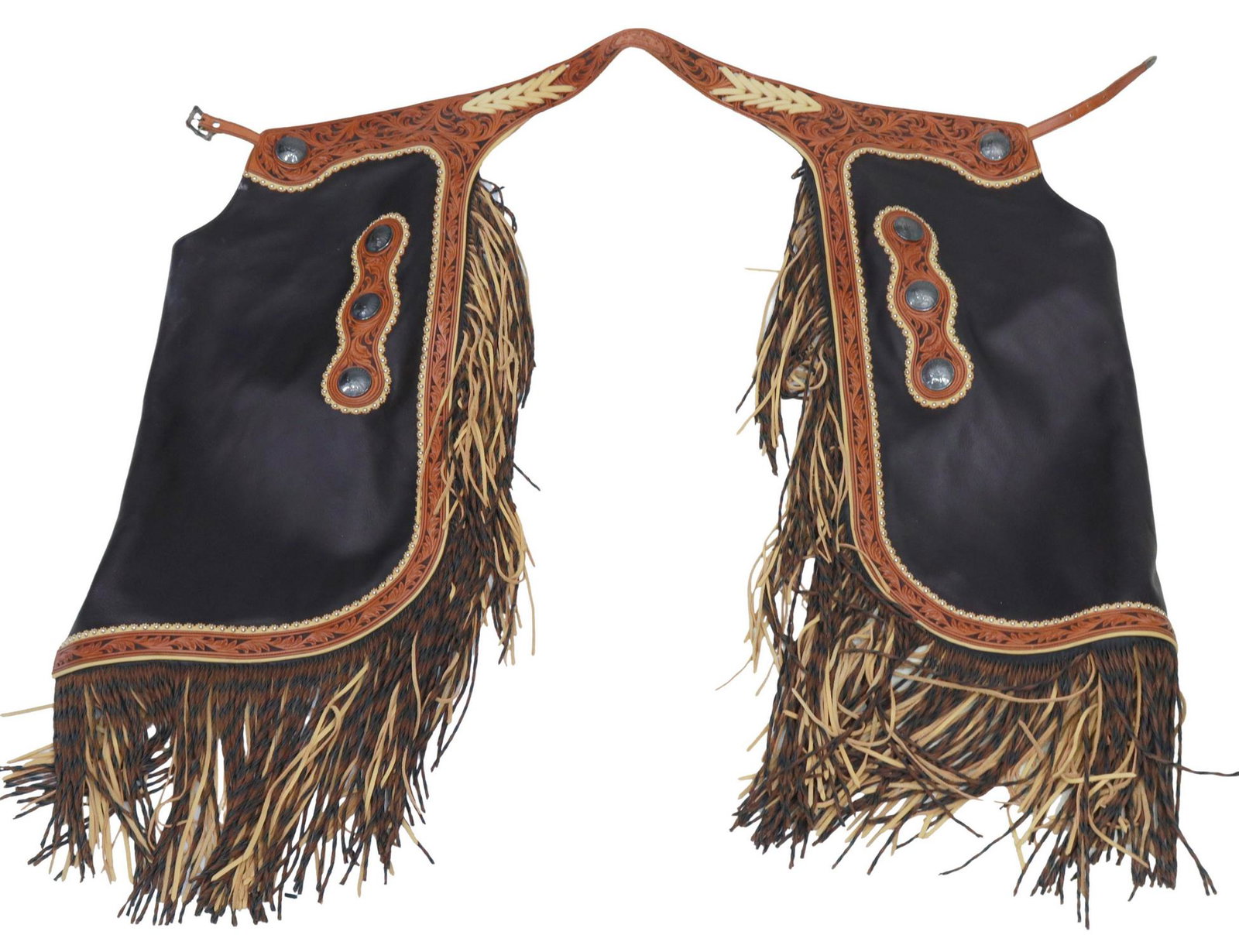 DAVE HACK CUSTOM LEATHER & INDIAN CHIEF CHAPS: Custom made leather show chaps, Dave Hack, Idaho, foliated tooled leather belt with contrasting stitched detail, eight silver (content unknown) Indian Chief conchos on belt and legs, studded accents, 