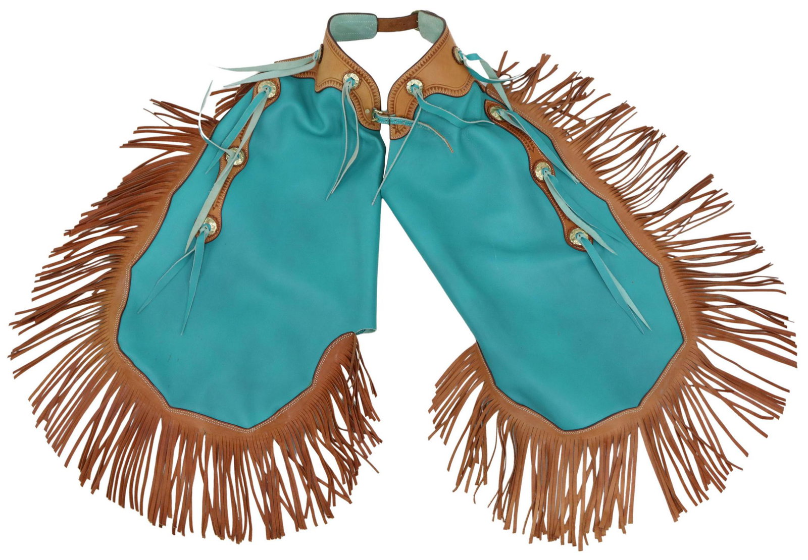 STEVEN SIEG CUSTOM MADE LEATHER & CONCHO CHAPS: Custom made leather show chaps, Steven Sieg, Kansas, front and rear adjustable leather belts, green legs with gold tone star conchos and brown fringe, makers stamp on belt, some spotting, wear to leat