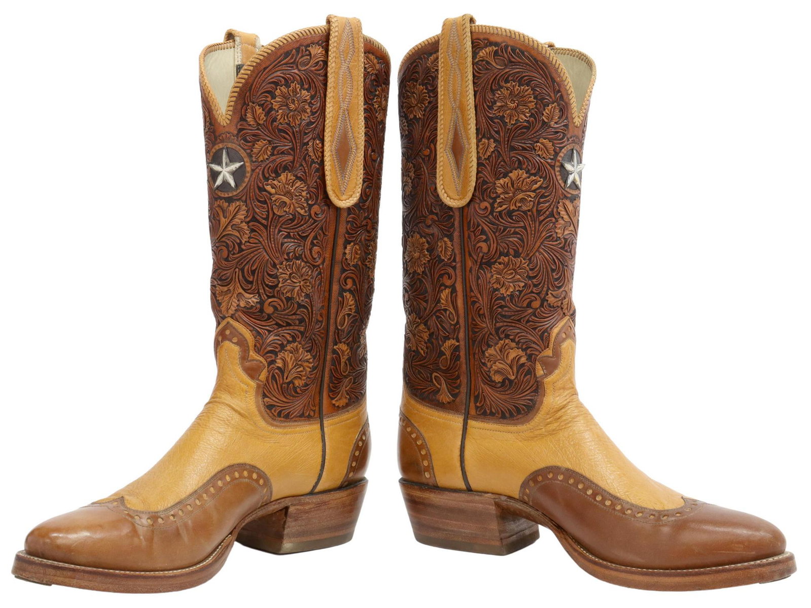 (PR) WHEELER BOOT CO. CUSTOM WINGTIP COWBOY BOOTS: (pair) Custom made cowboy boots, Wheeler Boot Company, Houston, Texas, tooled leather shaft with foliates and flowers, stitched straps, wingtip toe, wood heel, accompanied by Wheeler wood boot trees, 