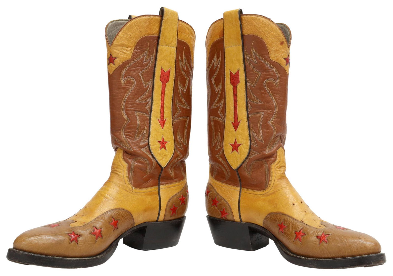 (PR) FANCY CUSTOM-MADE RED STAR COWBOY BOOTS: (pair) Custom made cowboy boots, no tag, likely Wheeler Boot Company, Houston, Texas, multi-leather boot with stitched shaft, red star and arrow design, Ortho O'Sullivan Ease heel with wear, accompani
