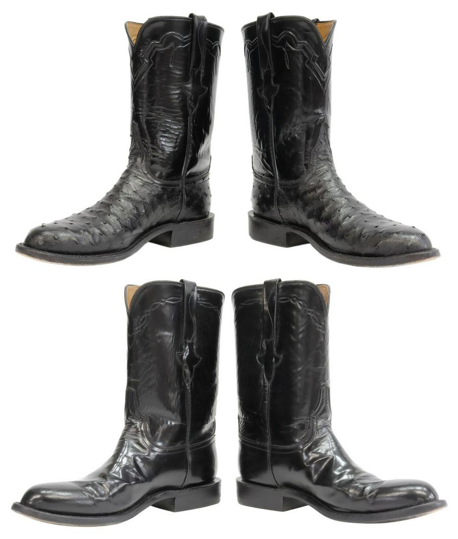 (2PR) LUCCHESE CLASSICS LEATHER COWBOY BOOTS: (2 pairs) Men's black leather cowboy boots, Lucchese Classics Handmade, both with stitched designs, one with ostrich leather, both marked size 8.5, including: (one) model 0409, (one) model 0909, both 