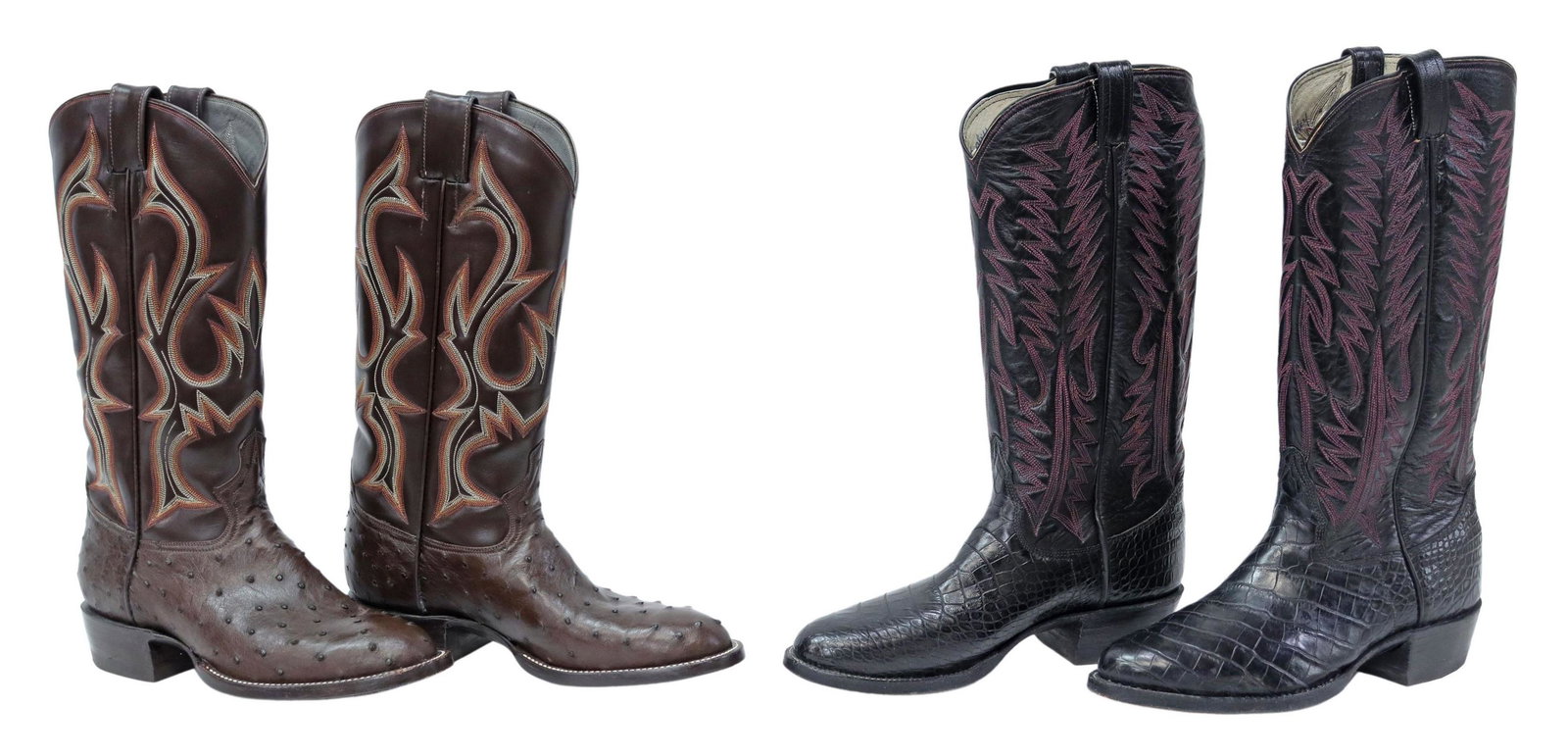 (2PR) BROWN & BLACK LEATHER MEN'S COWBOY BOOTS: (2 pairs) Men's leather cowboy boots, including: (1) brown leather boots, with topstitched design, no marked size, exterior measurements: 14.75"h, 11"l (toe to heel), 4.25"w; black leather boots, Bilt