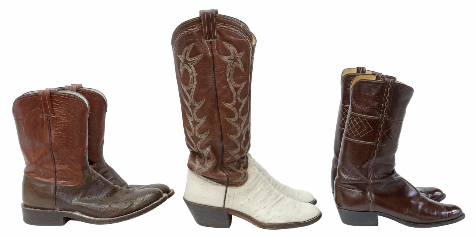 (3PR) LEATHER COWBOY BOOTS, ML LEDDYS, JL MERCER: (3 pair) Men's leather cowboy boots, each with protective case, including: (pair) two toned brown and white ostrich leather, M.L Leddys, San Angelo Texas, with stitched accents, no size marked, illegi